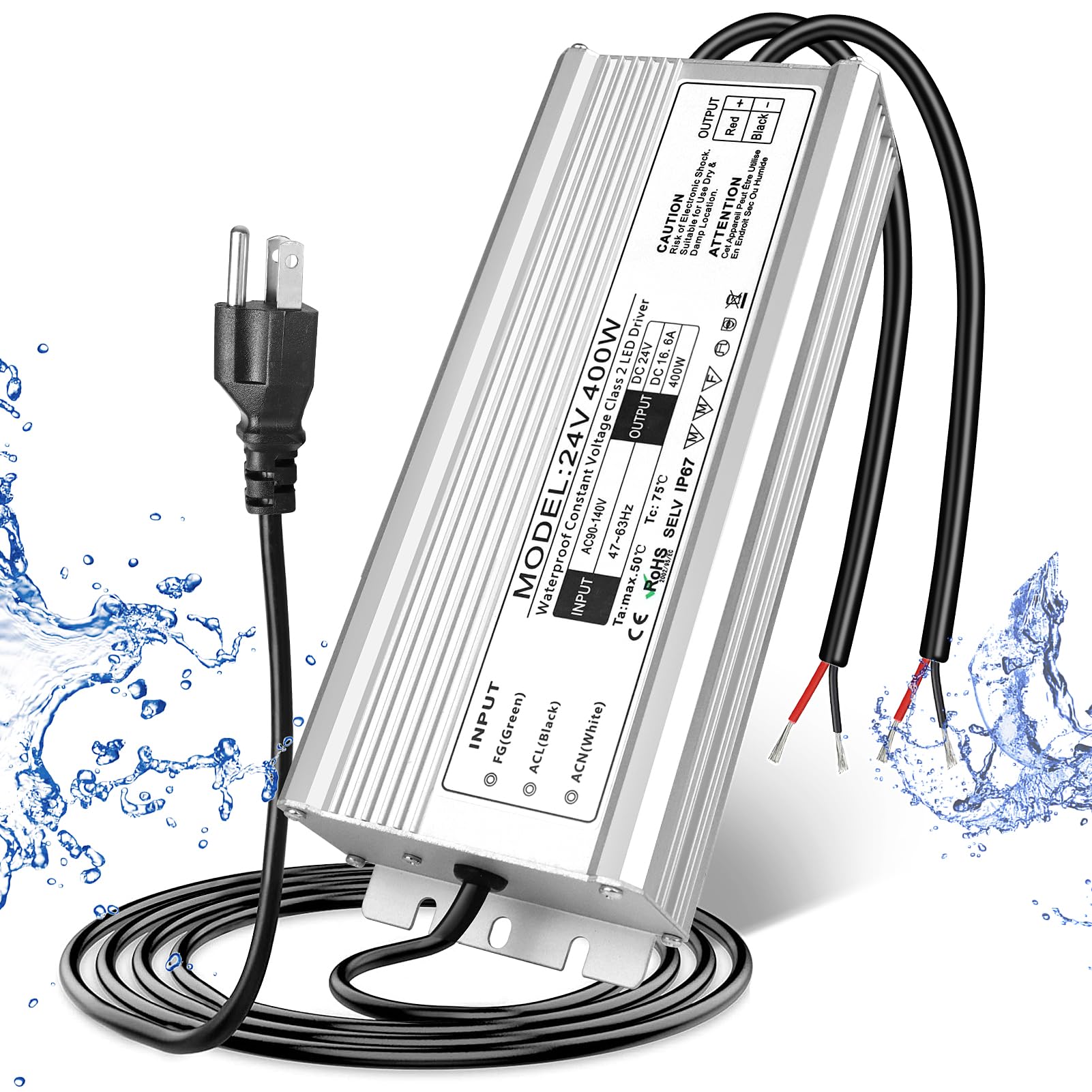 24V 400W Led Power Supply, Waterproof Ip67 Led Driver, Ac 110V To Dc 24 Volt Low Voltage Transformer With 3 Prong Plug 3.3 Feet