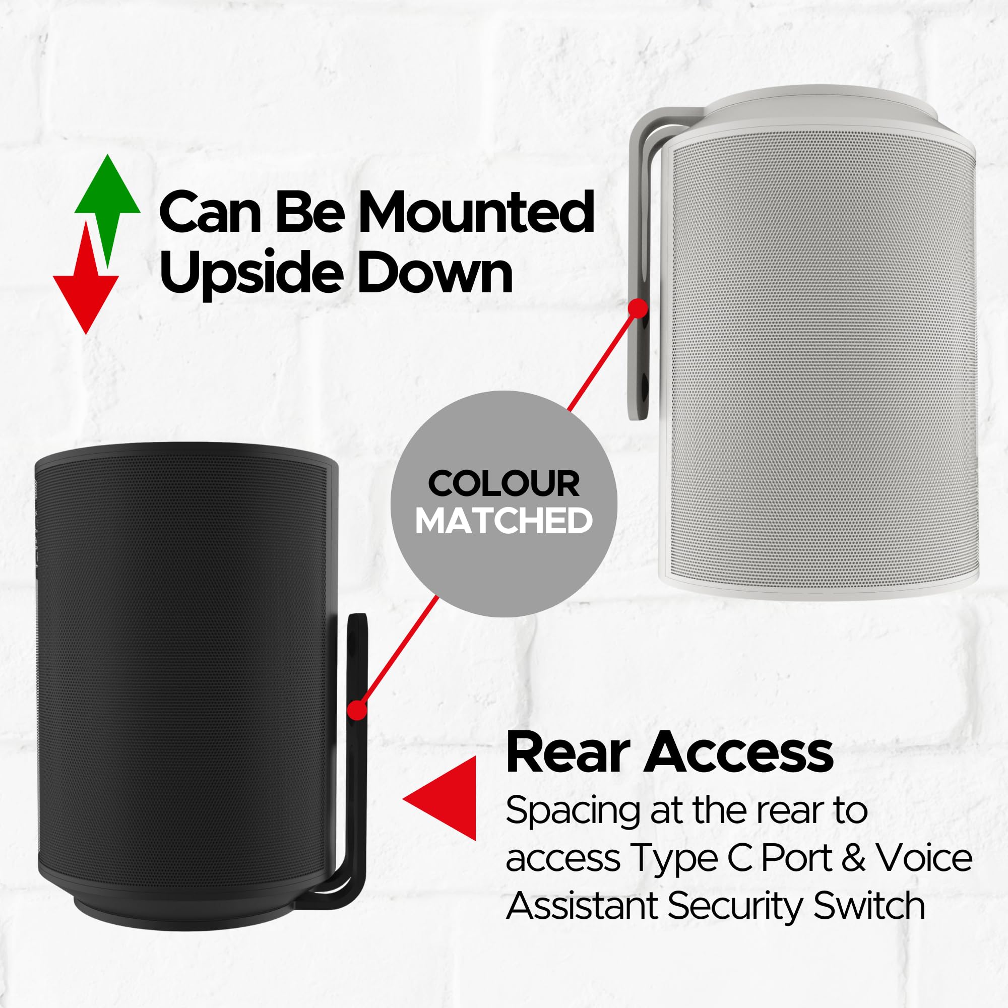 Era100 Wall Mount Bracket, Low Profile, Black, Twin Pack, Compatible With Sonos Era 100 Speaker, Complete With All Fixing Hardwa