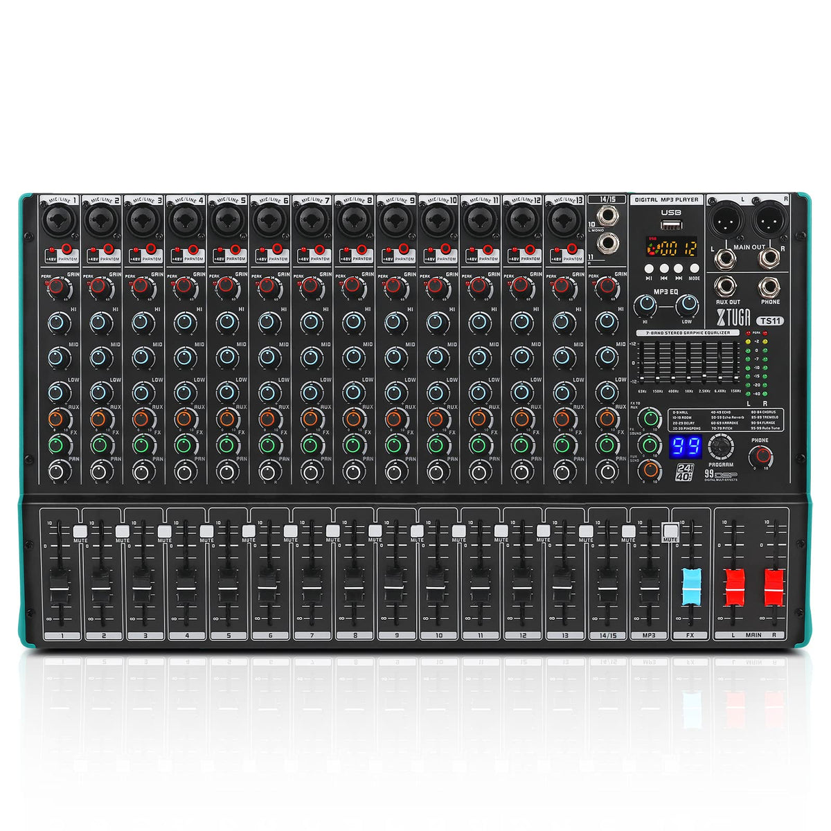 Xtuga Ts15 Professional 15 Channel Audio Mixer With 99 Dsp Effects,7 Band Eq,Independent 48V Phantom Power&Mute Button,Bluetooth