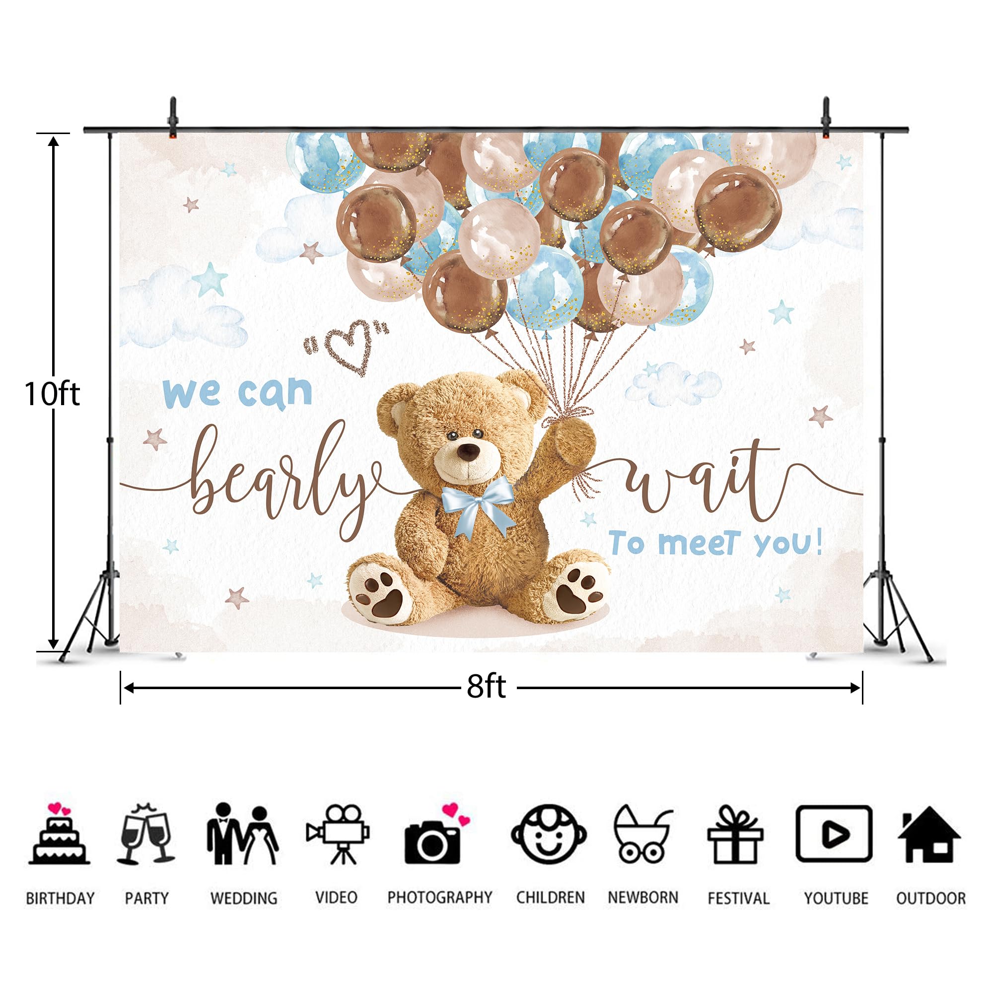 Imirell We Can Bearly Wait Backdrop 10Wx8H Feet Bear Baby Shower For Boys Cute Cartoon Brown Blue Balloons Clouds Gold Dots Viny