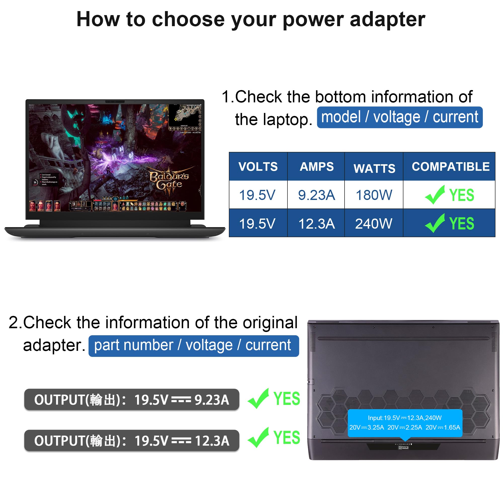 New Slim 240W 180W 19.5V 12.31A Ac Adapter For Dell Alienware 15 17 R1 R2 R3 R4 R5 M17X M18X X51 G3 G5 G7 Precision 7710 7730 7520 7540 M6800 M4300 Dell Alienware Laptop Charger Power Supply Cord