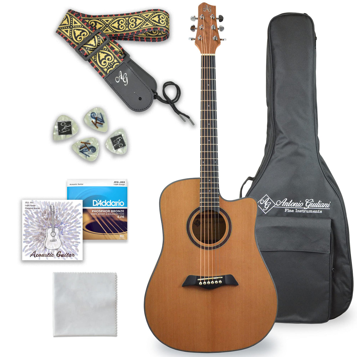 Antonio Giuliani Acoustic Guitar Bundle (Dn 2)   Dreadnought Guitar With Case, Strap, Strings And Accessories
