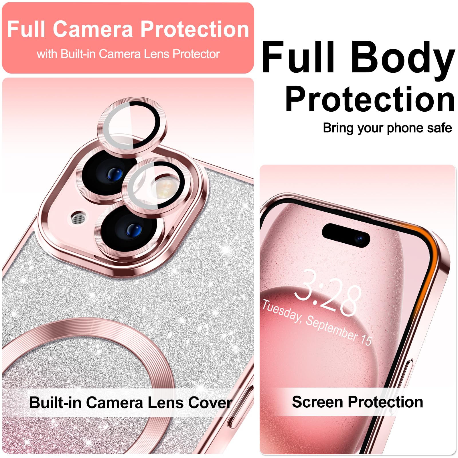 Hython For Iphone 15 Case Clear Magnetic Glitter Phone Cases [Compatible With Magsafe] Full Camera Lens Protector Slim Gradient