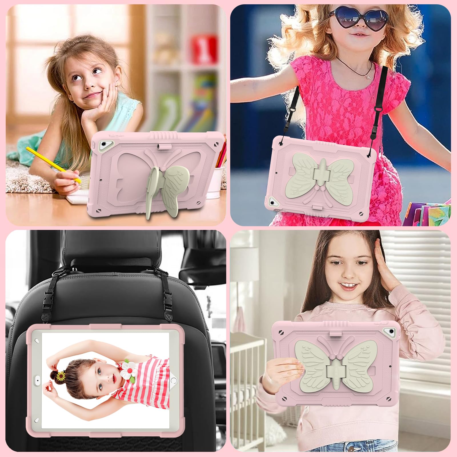 Hogenl For Ipad 9Th 8Th 7Th Generation Case For Kids Girls With Pencil Holder,For Ipad 10.2 Case With Butterfly Stand Shoulder S