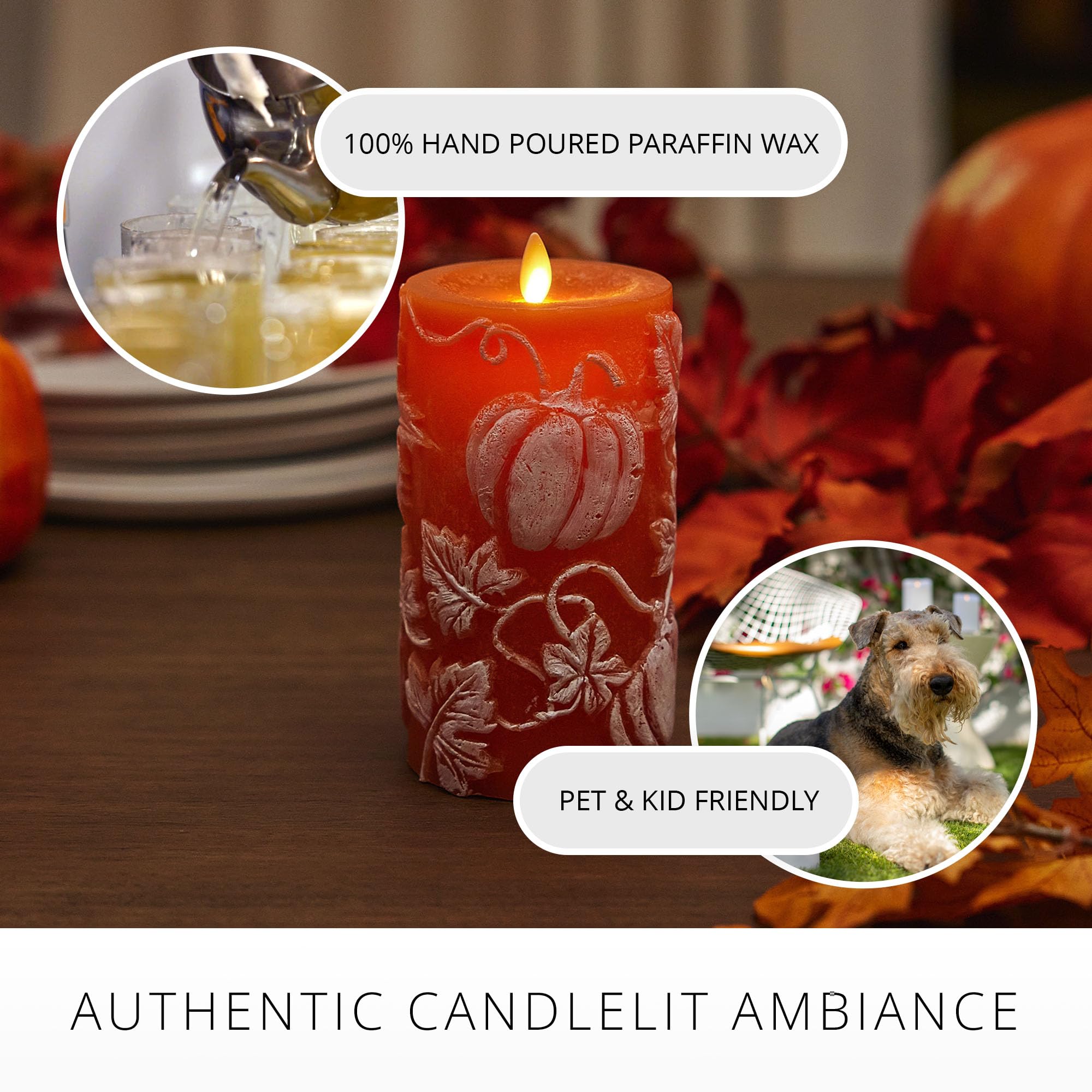 Luminara Embossed Leaves And Pumpkins Moving Flame Pillar Candle 3.25'' X 6.5'' With Recessed Edge Unscented Real Wax Led Batter