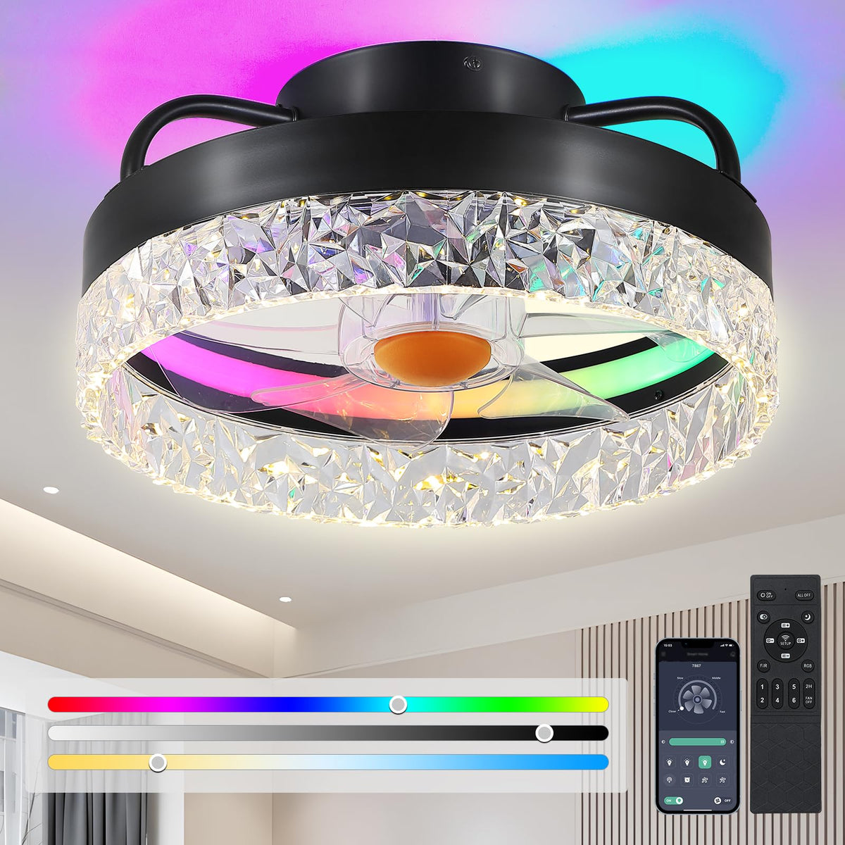Bykistok Ceiling Fans With Lights   13'' Bladeless Flush Mount Ceiling Fans With Remote And Led Light, 3Cct 6 Speeds 2 Timer, Bl