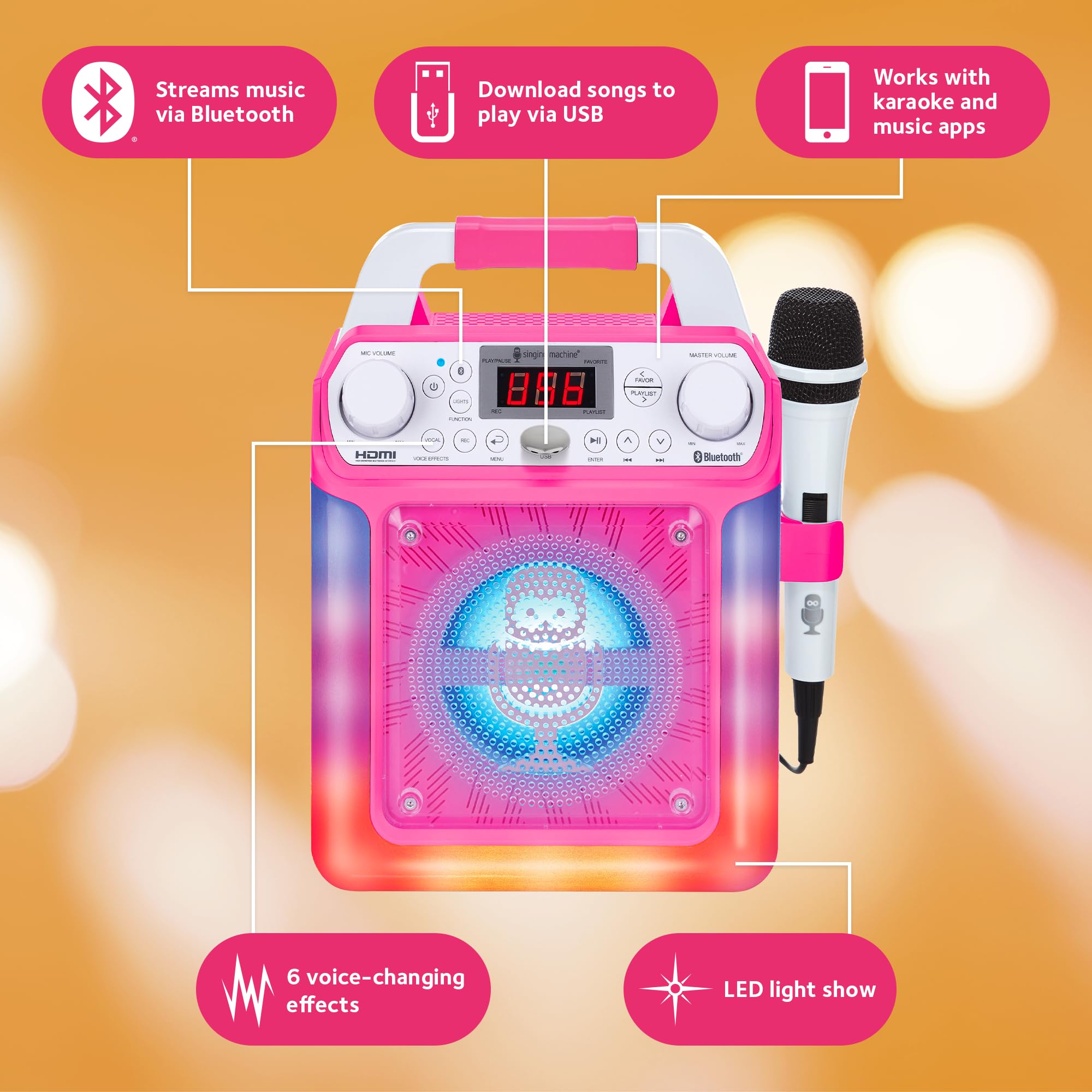 Portable Karaoke Machine For Adults & Kids   Built In Speaker, Bluetooth, Led Lights, Wired Mic   With Voice Changing Effects