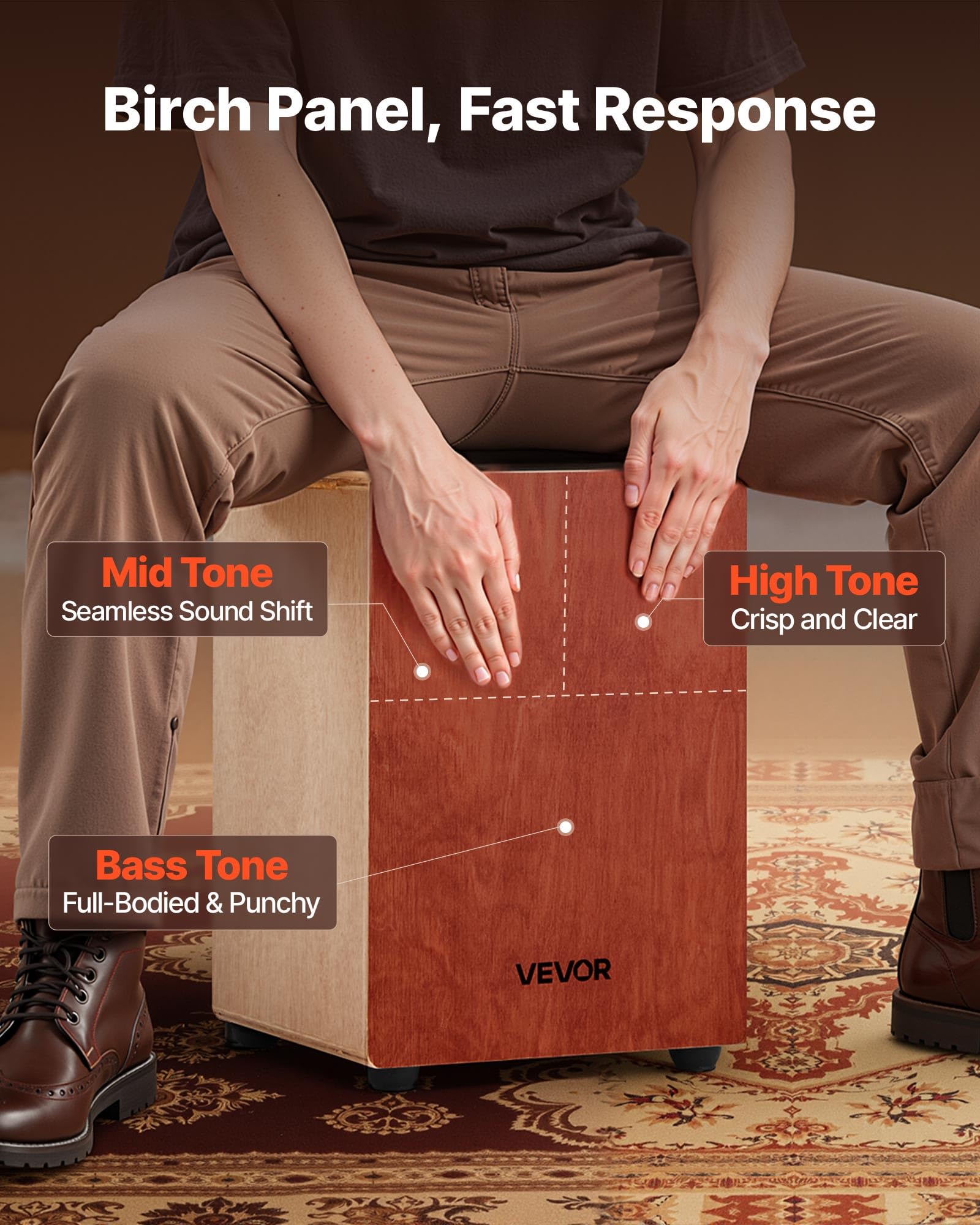 Vevor Cajon Box Drum, With Internal, Lightweight Wooden Percussion Box, Portable Birch Wood Drum Musical Instrument With Silicon