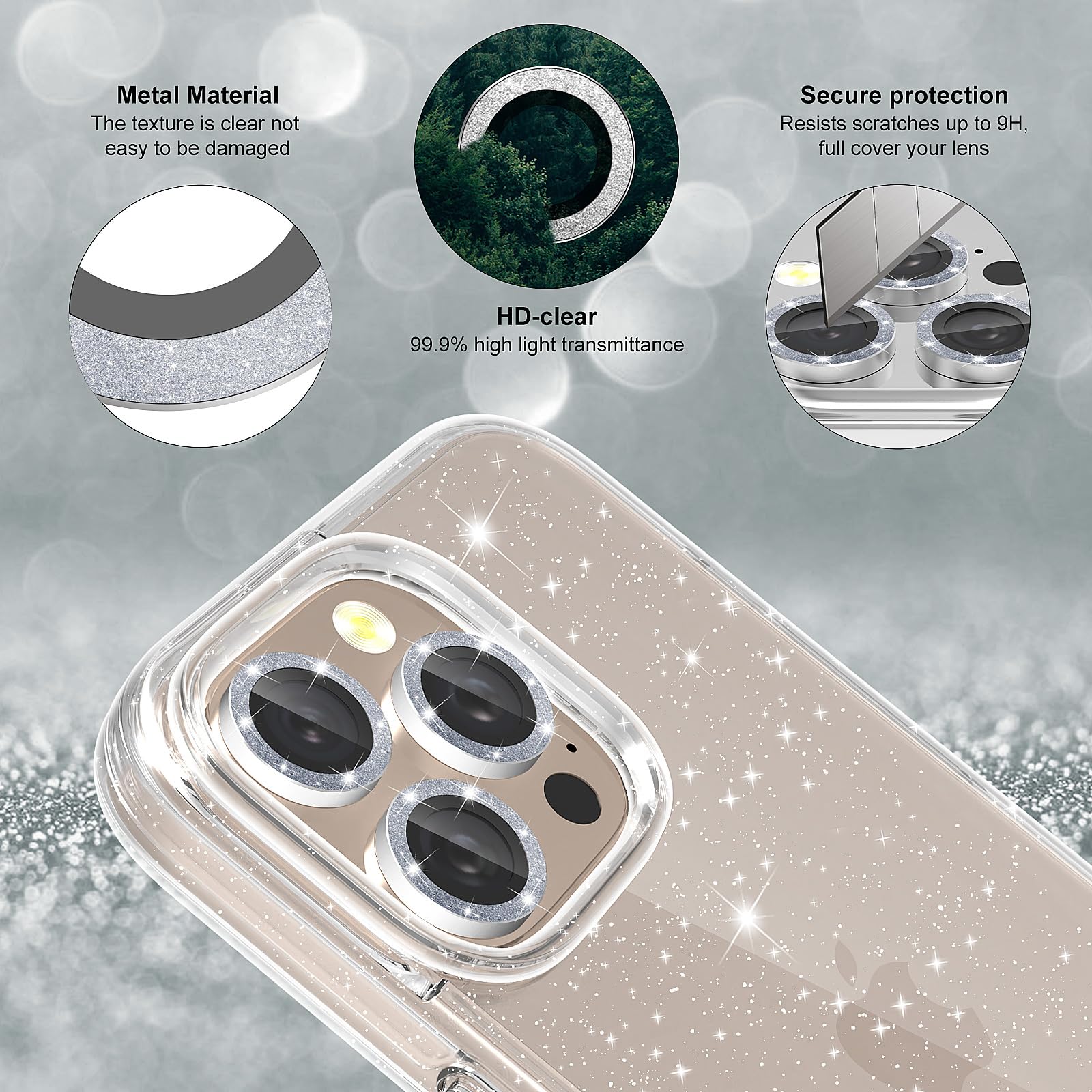 Jasmeas For Iphone 16 Pro Max Case Clear Glitter, With [2 Pack] Screen Protector & [3 Pack] Camera Lens Protector Sparkle Pc Har