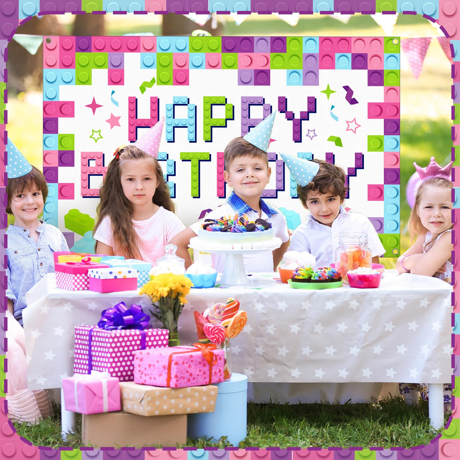 Newwiee 6 X 3.6 Ft Building Blocks Birthday Backdrop Banner Birthday Fabric Photography Backdrop Party Decorations For Girls And
