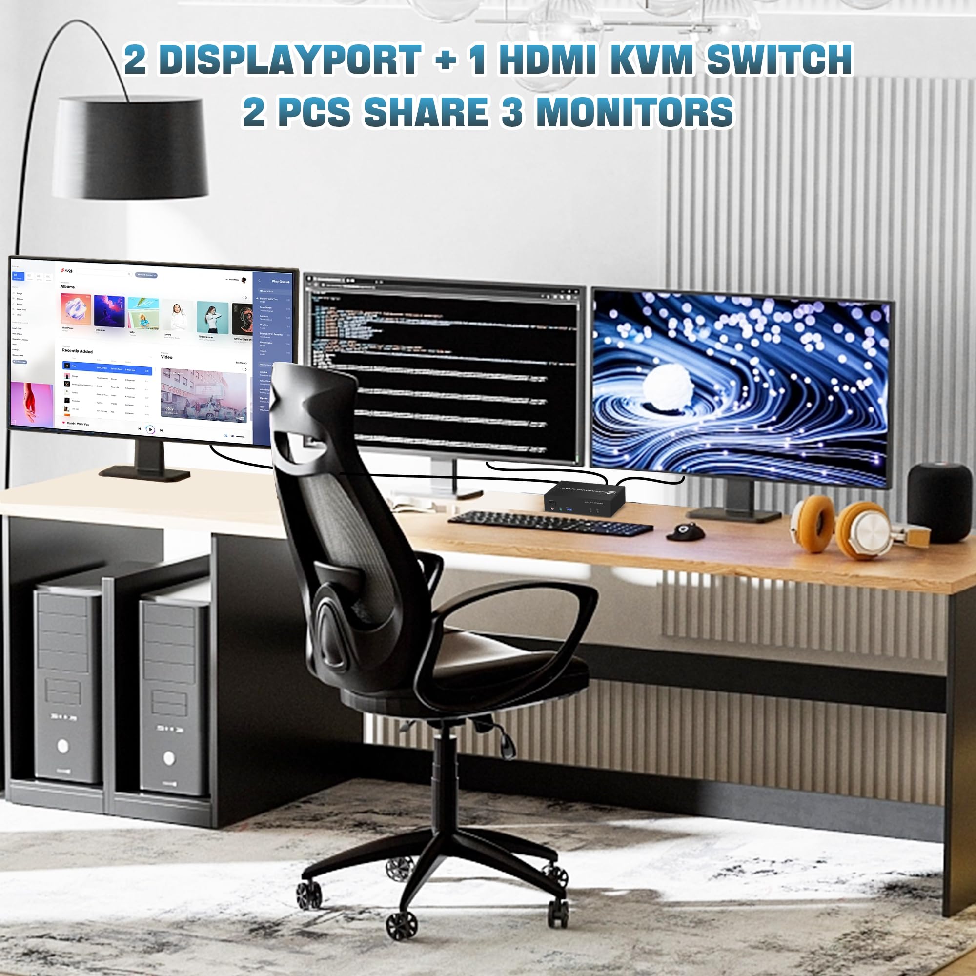 clickfish HDMI + 2 Displayport 3 Monitor KVM Switch for 2 PCs, 4K@60Hz, USB 3.0 Ports, Audio Support - Triple Monitor Switcher