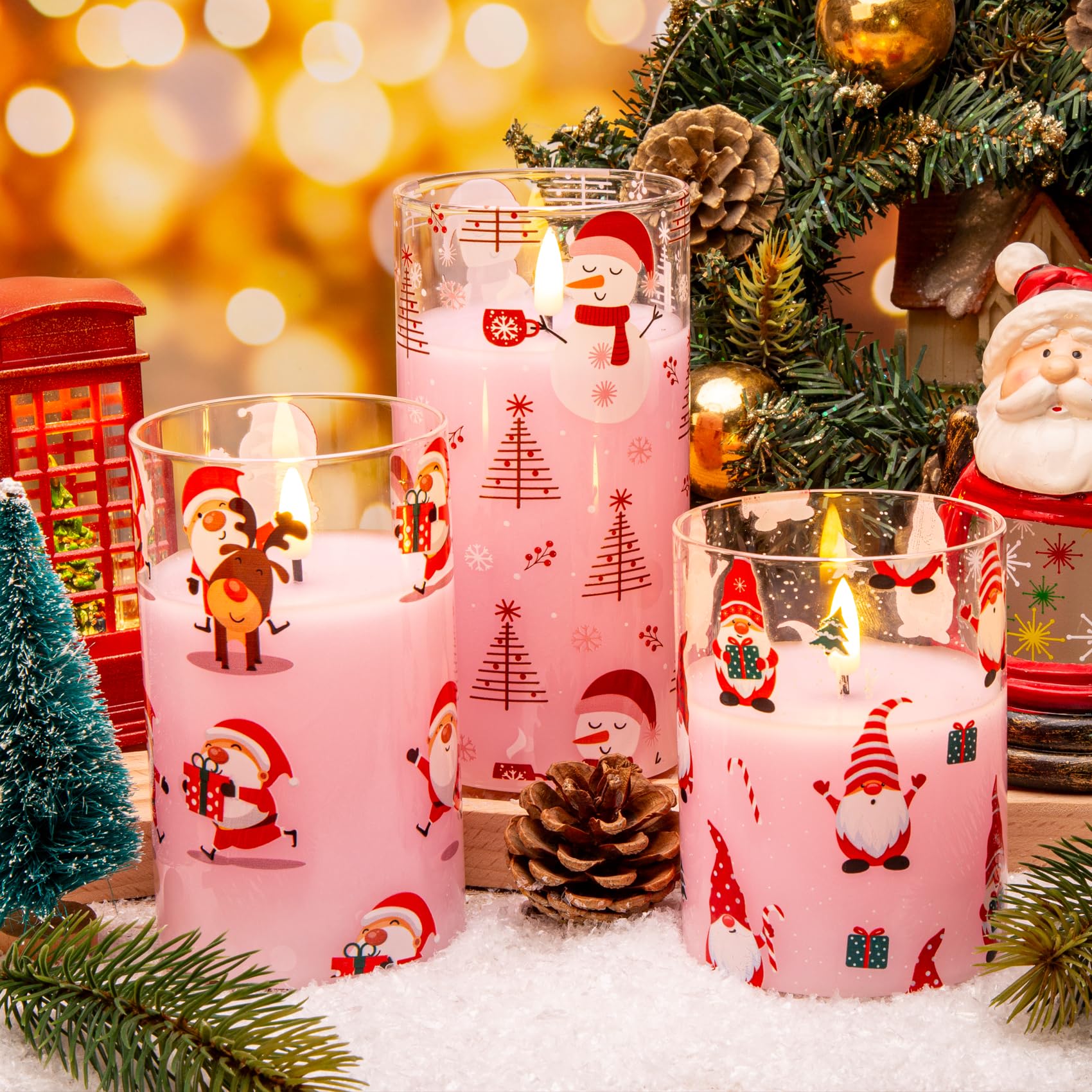 Eywamage Pink Christmas Glass Flameless Candles With Remote, Flickering Snowman Santa Gnomes Led Pillar Candles Set Of 3