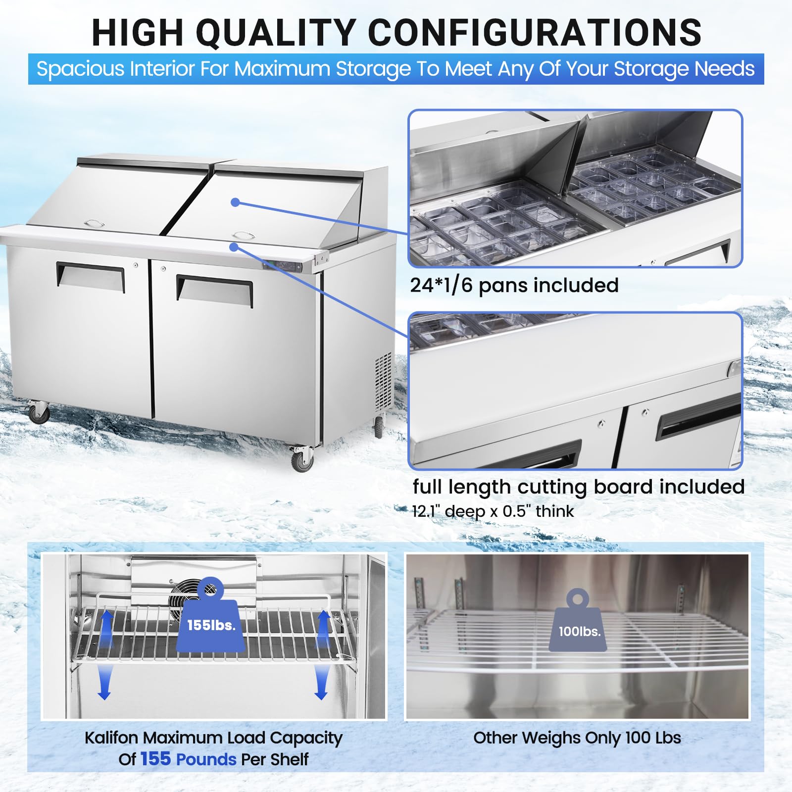 Kalifon 60'' W 2 Door Refrigerator Sandwich Salad Prep Table Commercial Stainless Steel Fan Cooling Refrigerator With Cutting Bo