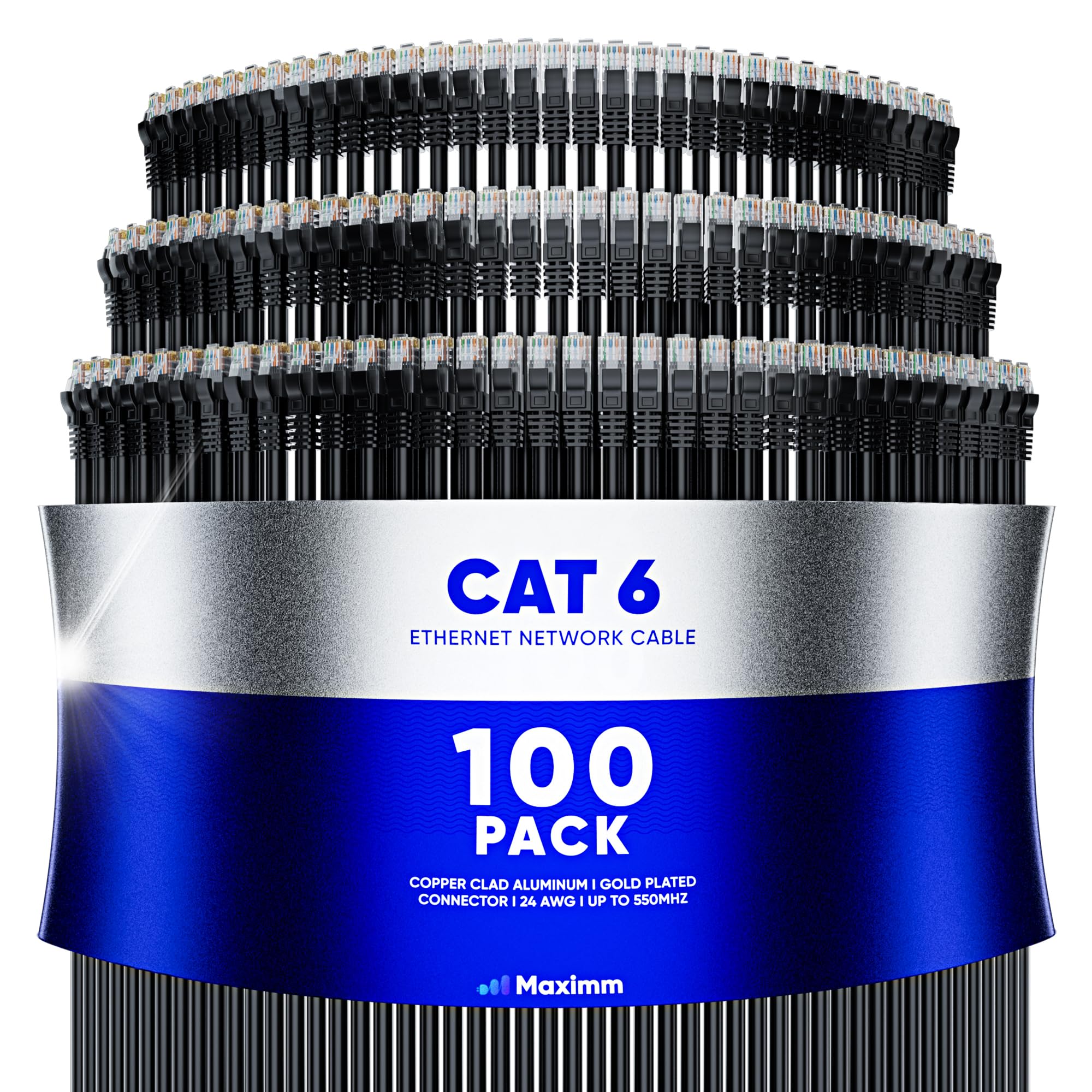 Maximm Cat 6 Ethernet Cable 6 ft (100-Pack) - High-Speed LAN Cable, Internet Cable, Patch Cable, and Network Cable - UTP, 10Gbps