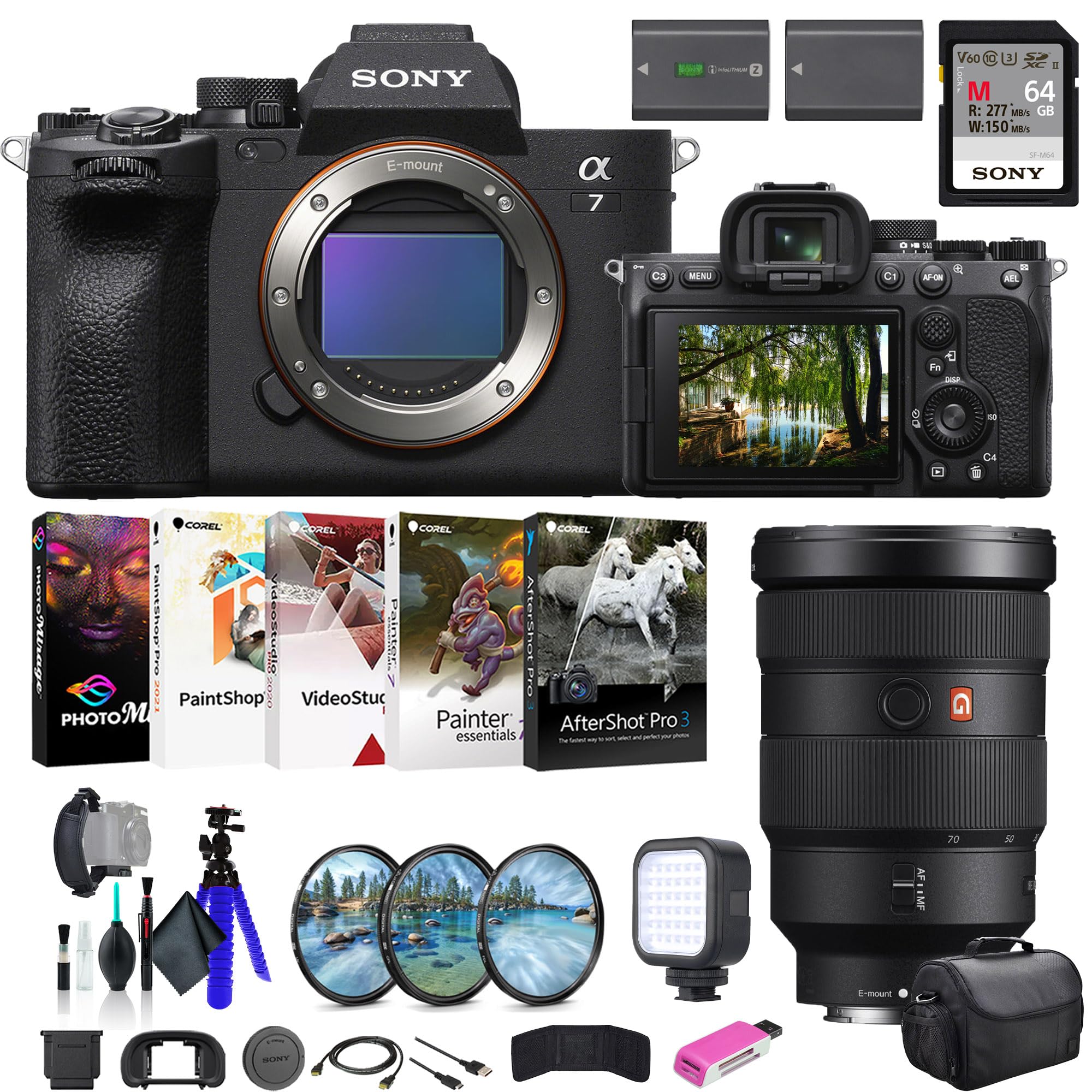 Sony a7 IV Mirrorless Camera ILCE-7M4/B, Sony FE 24-70 Lens, 64GB Memory Card, Filter Kit, Bag, NP-FZ100 Compatible Battery, Car