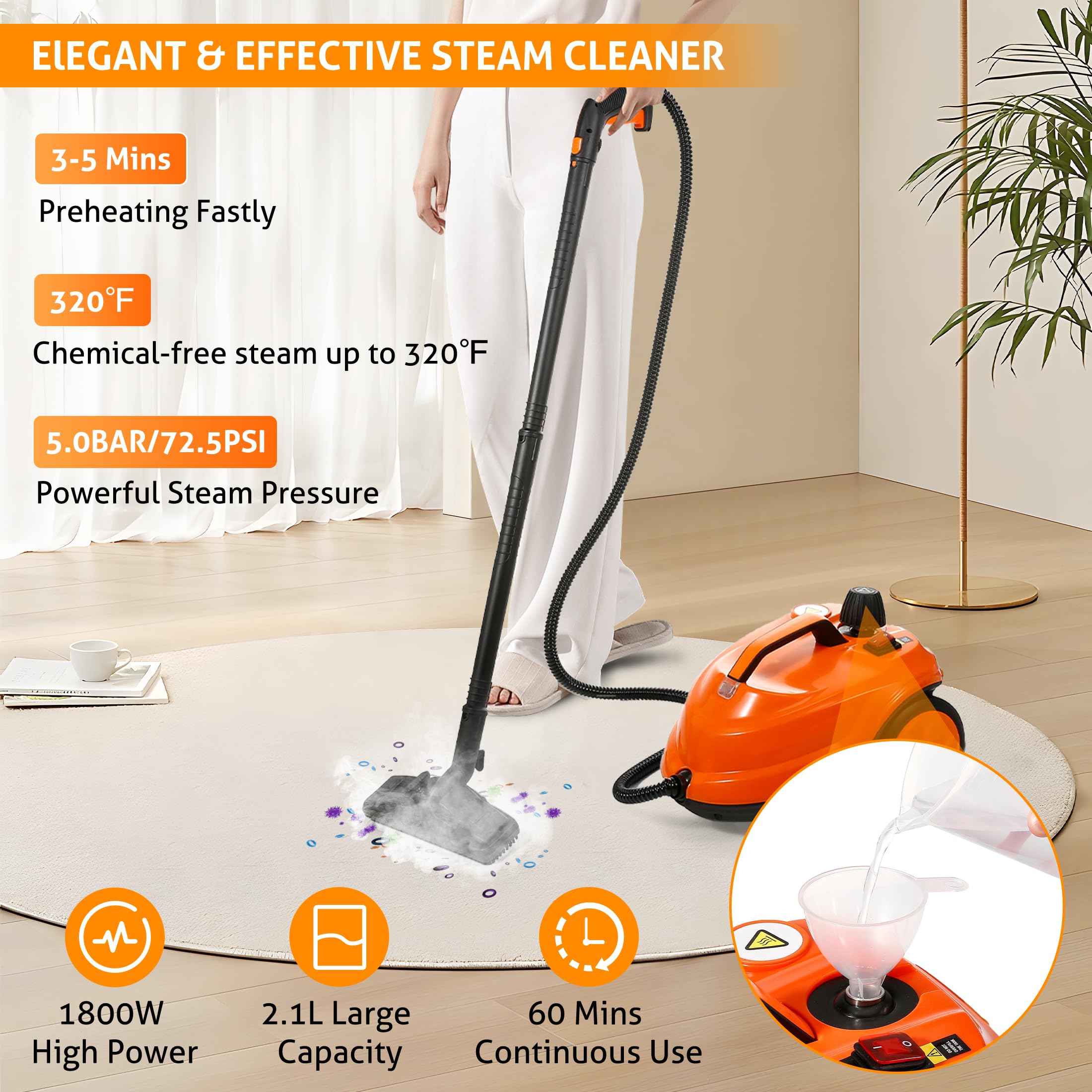 Wichemi Steamer For Cleaning, 1800W High Temperature Handheld Steam Cleaner For Car With 2100Ml Water Tank, Electric Steam Clean