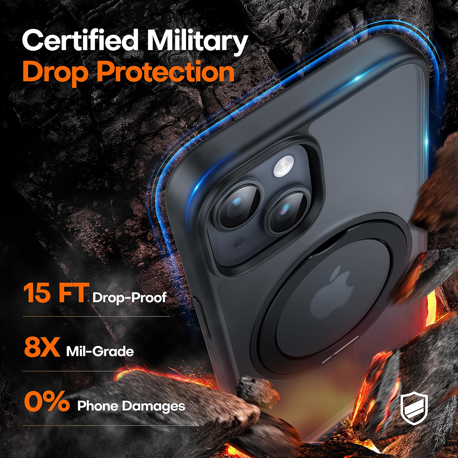 Tauri 360Rotatable Magnetic Ring For Iphone 15 Plus Case Black, [Designed For Magsafe] With Stand & Ring Holder, Translucent Mat