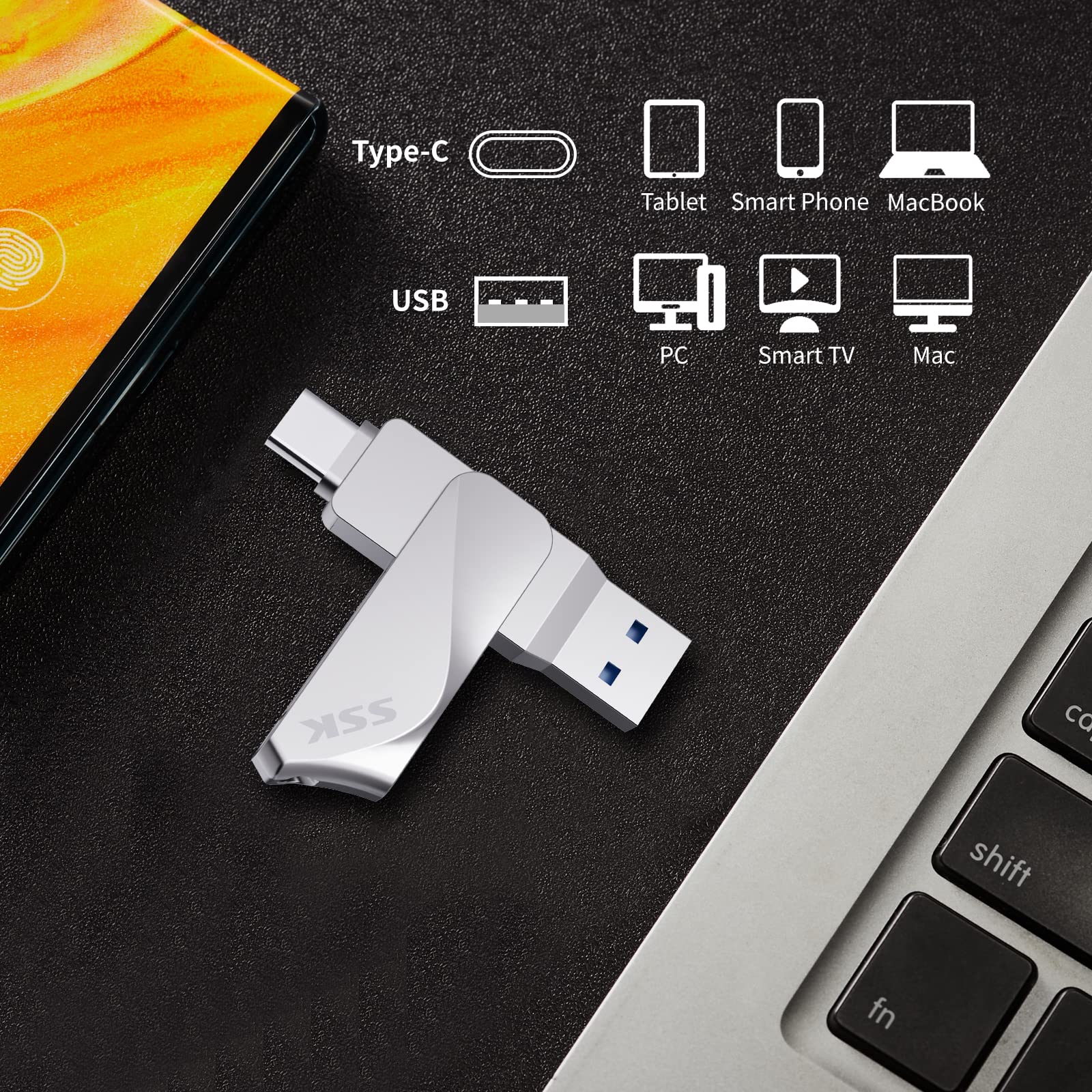 Ssk 64Gb Usb C Flash Drive Dual Drive 2 In 1 Otg Usb A 3.2 + Type C Memory Stick Thumb Drive, Thunderbolt Pendrive Up To 200Mb/S Transfer Speed Photo Stick For Android Phones/Tablets/Mac/Laptop