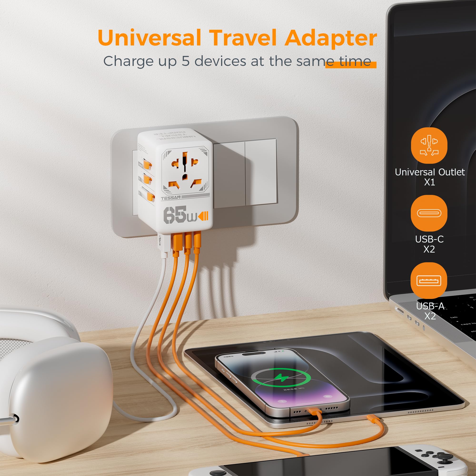 Tessan 65W Gan Universal Travel Adapter, International Plug Adaptor With 4 Usb(2 Usb C) Charging Ports, Worldwide Power Outlet F
