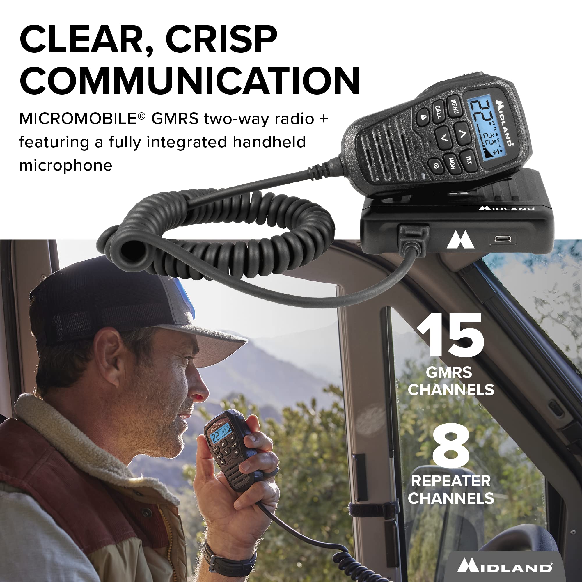 Midland � Mxt275 Micromobile� Gmrs Radio � 15 Watts Two Way Radio With Integrated Control Microphone � Overland Caravanning Tractors � Detachable External Magnetic Mount Antenna   8 Repeater Channels
