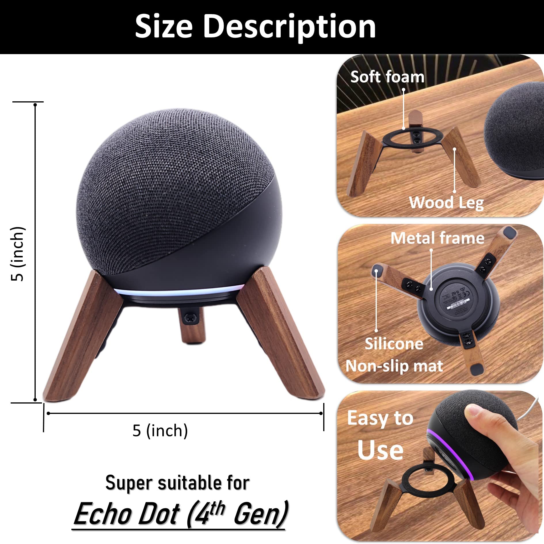 Real Wood Stand For Echo Dots(4Th Gen)(5Th Gen),Tripod Accessories Protect Speaker For Better Sound,Secure Stable Wooden Mount Holder For Echo Dot (Newest Model),(Walnut)