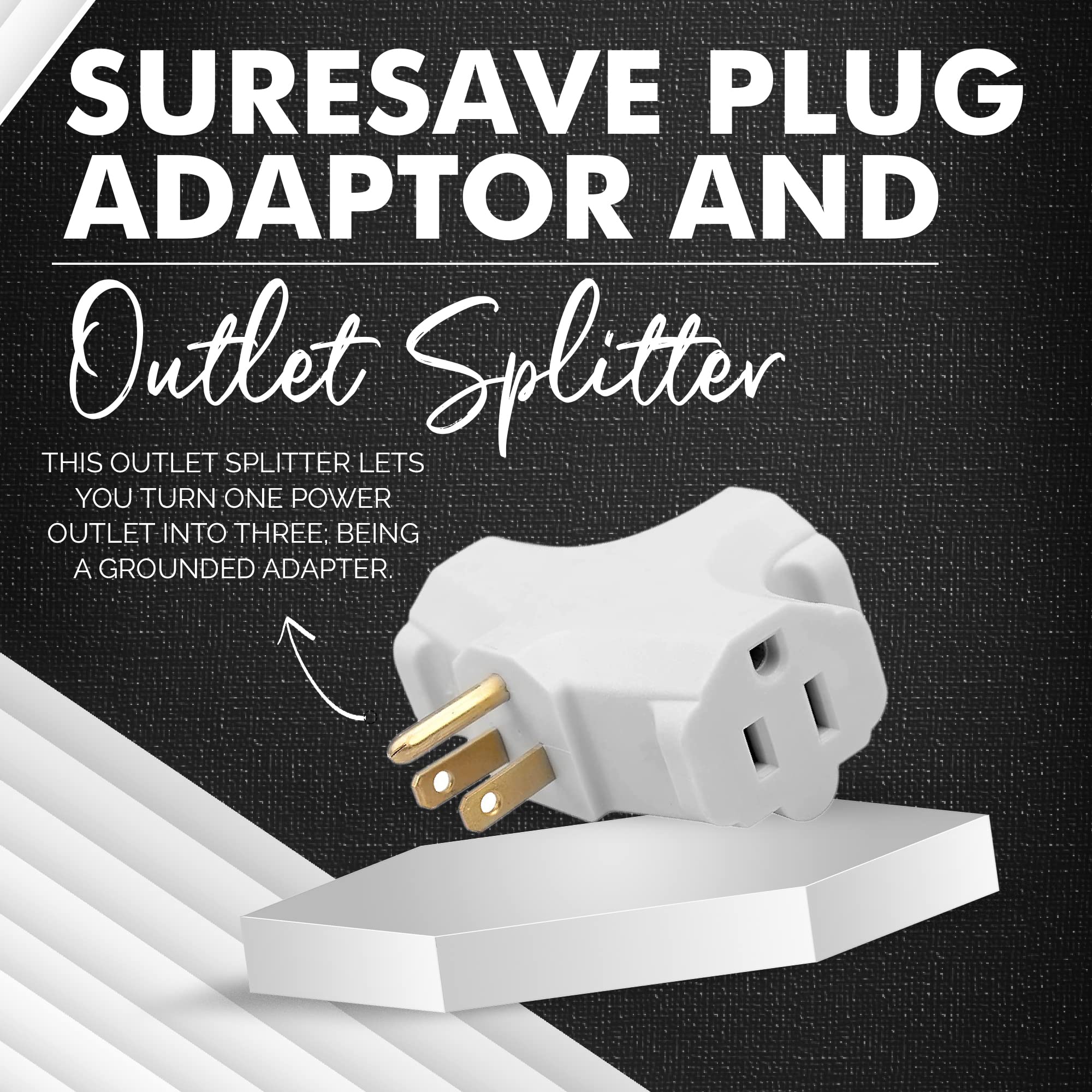 Suresave Plug Adapter And Outlet Splitter | Heavy Duty 3 Outlet Grounding Adapter 15 Amp Household Plug | 3 Prong Grounded Multi
