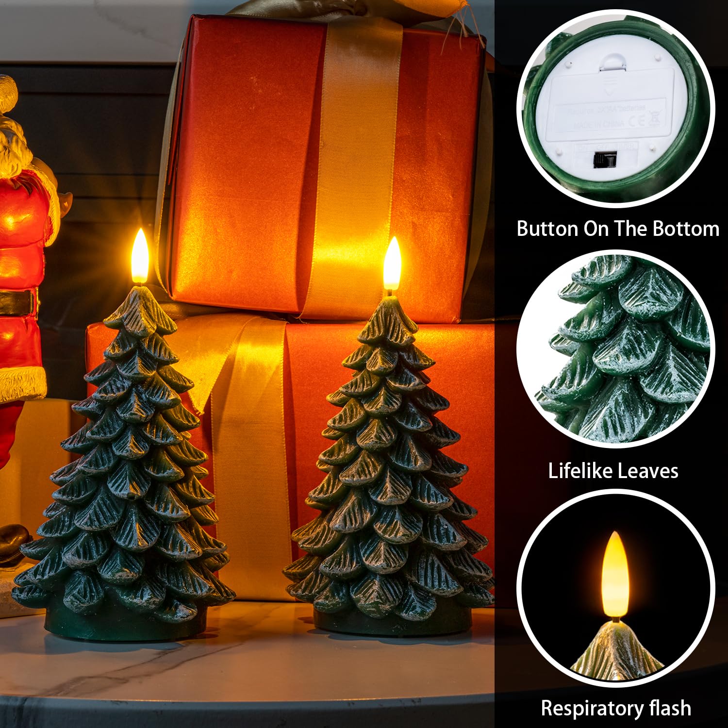 Homemory Christmas Tree Candles With 6 Hours Timer, 2 Pcs Waxy Led Flameless Candles Flickering, Green Electric Candles Battery