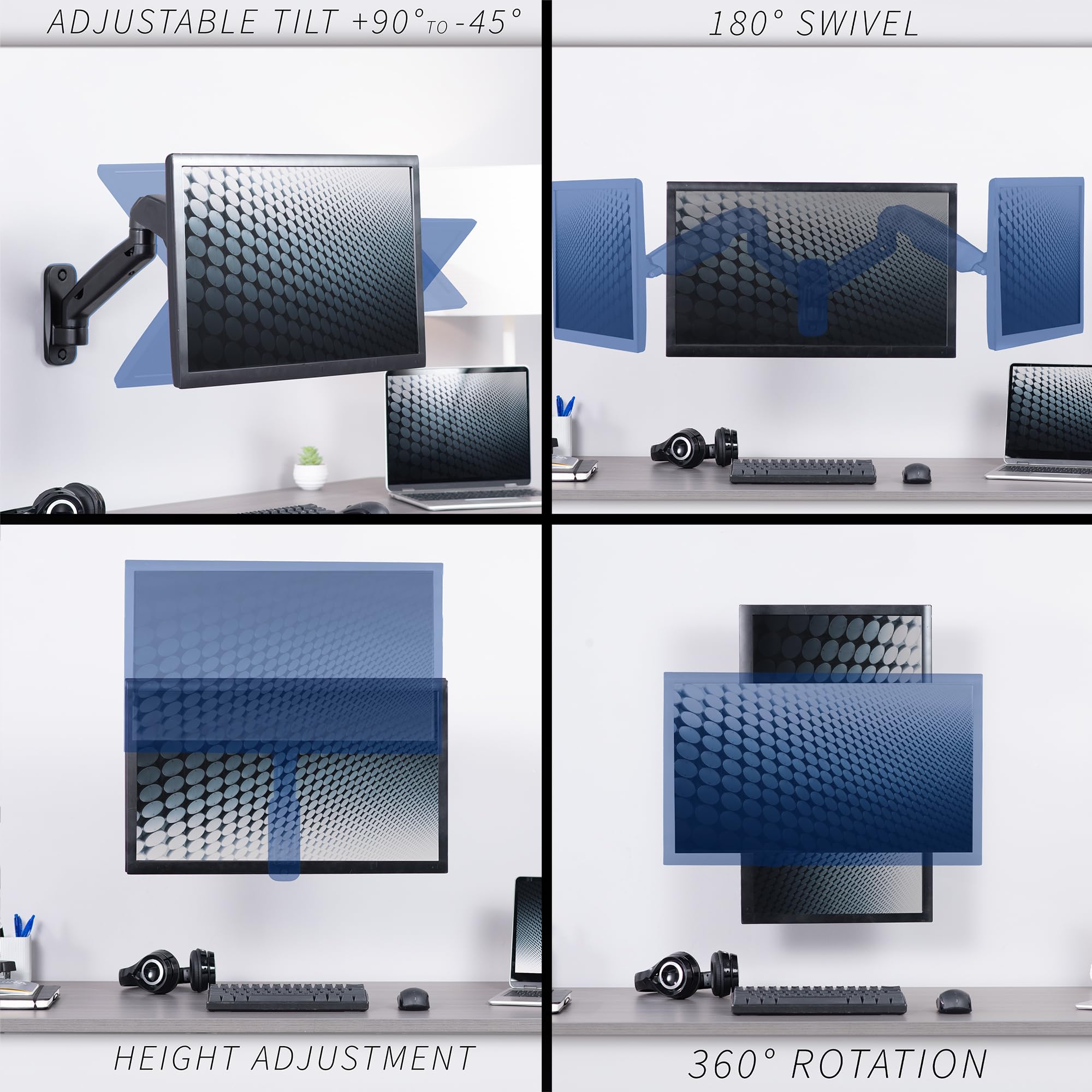 Vivo Height Adjustable Pneumatic Extended Arm Single Monitor Wall Mount, Full Motion Articulating, Fits 17 To 27 Inch Screen, Bl