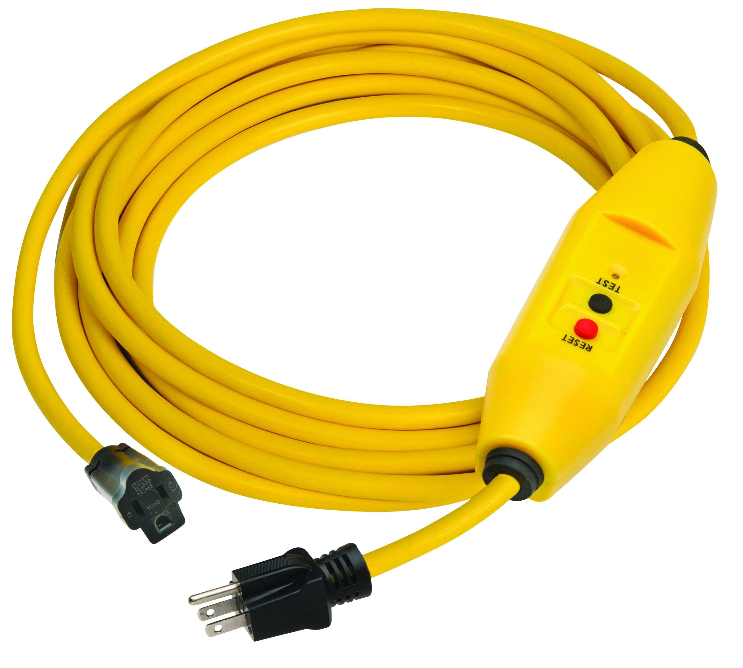 Tower Manufacturing 30438036 01 Auto Reset 15 Amp Inline Gfci Single Connector Cord, 50 Feet, Yellow
