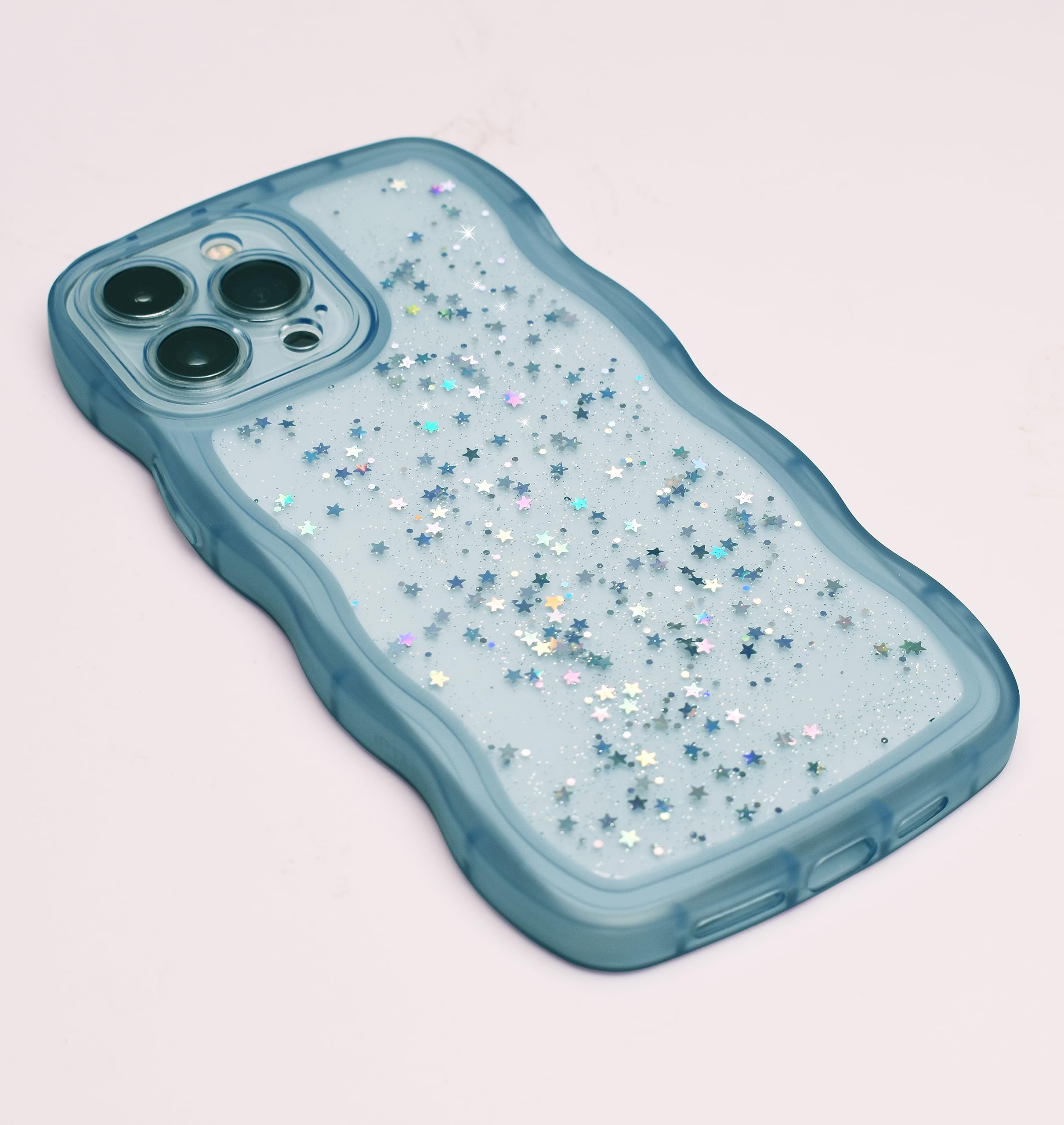 Qokey For Iphone 13 Pro Case 6.1'' Curly Wave Edge Design Transparent Bling Glitter Star Shiny Case Cute Clear Transparent Full