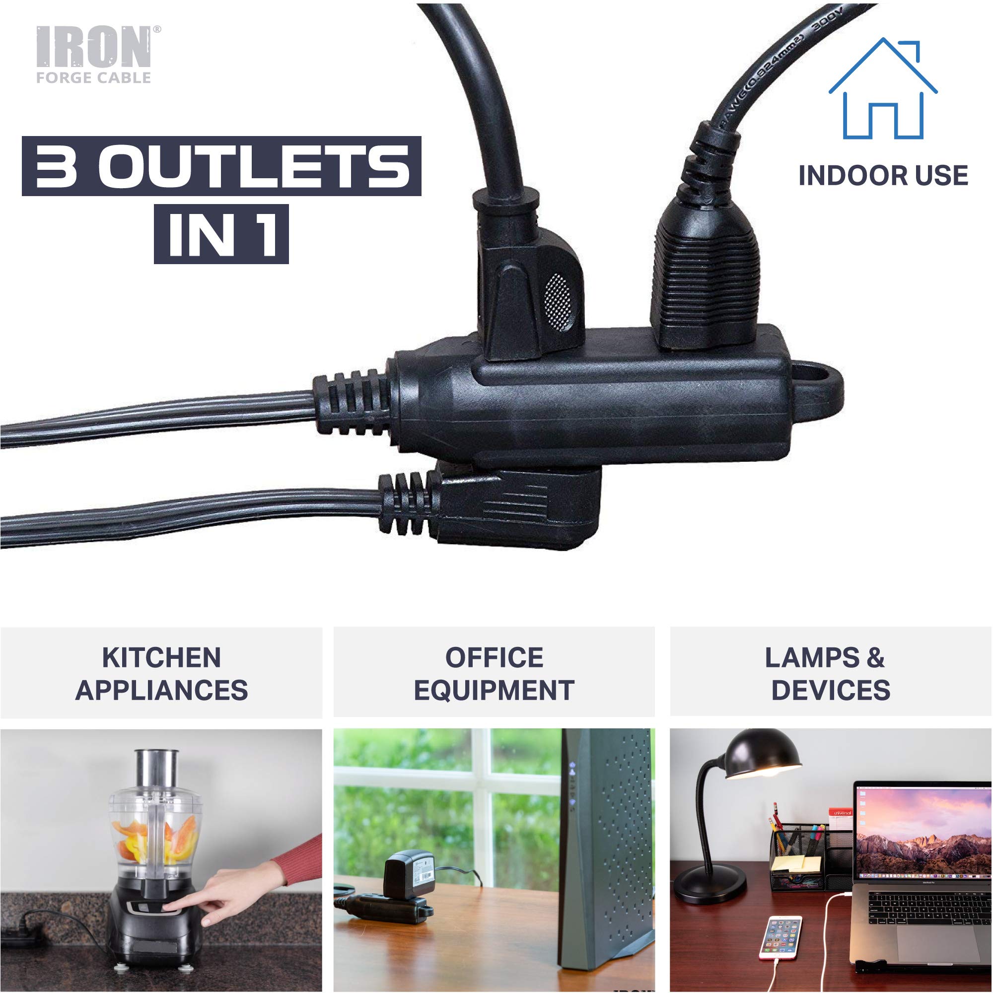 Iron Forge Cable 10 Ft Flat Plug Black Extension Cord With 3 Outlets, 16/3 Flat Cable 3 Prong Indoor Extension Cord With Multipl