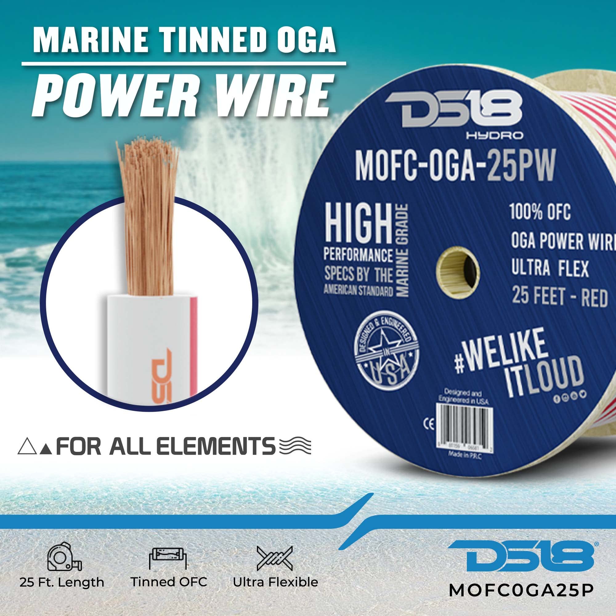 Ds18 Hydro Mofc0Ga25P Marine Wire 0 Gauge 25 Ft Tinned 100% Ofc Oxygen Free Copper Marine Grade White/Red Amplifier Amp Power/Gr