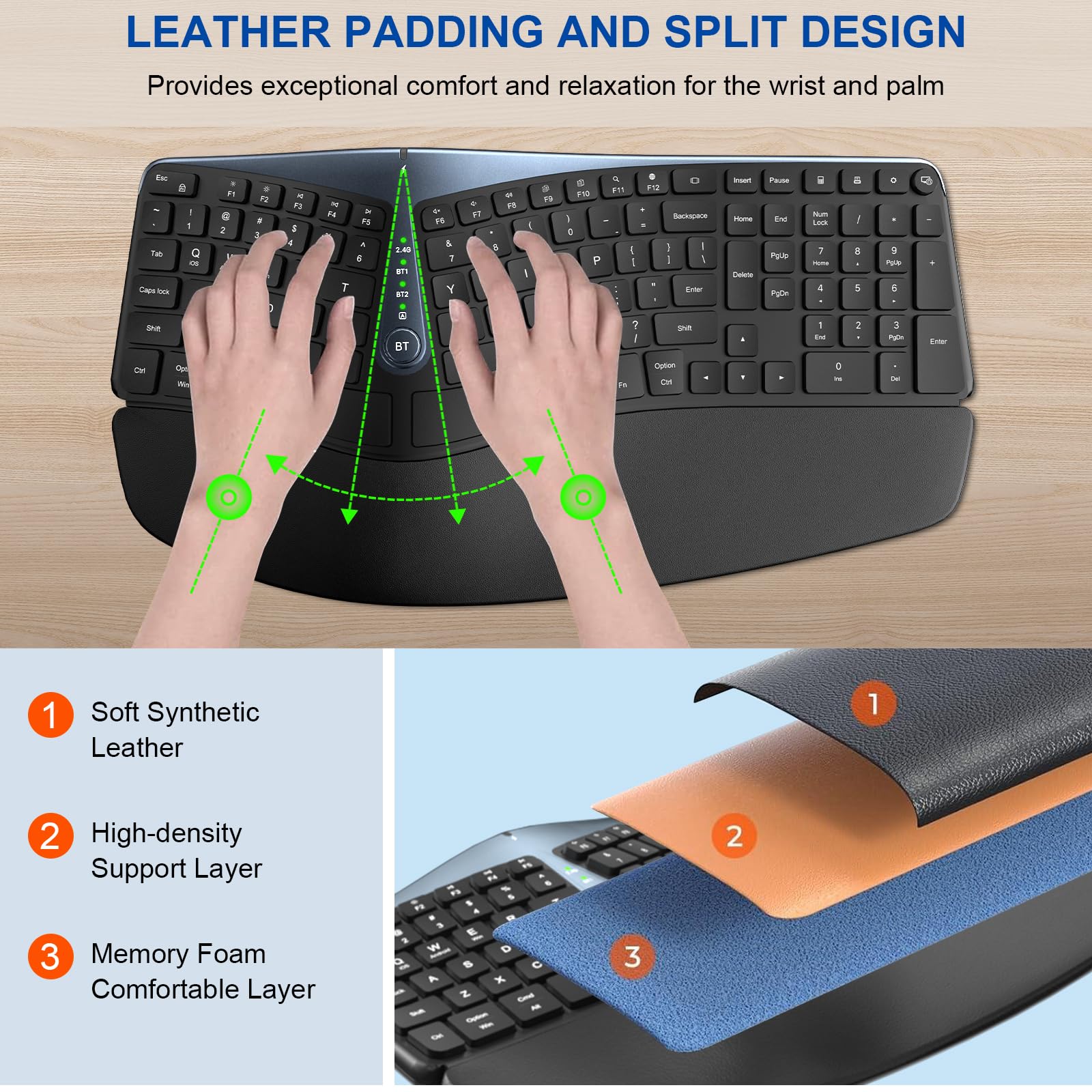 Ergonomic Wireless Keyboard And Mouse, Mk835 Ergo Bluetooth/2.4G Split Design Keyboard Mouse Combo With Cushioned Palm Rest, Mul