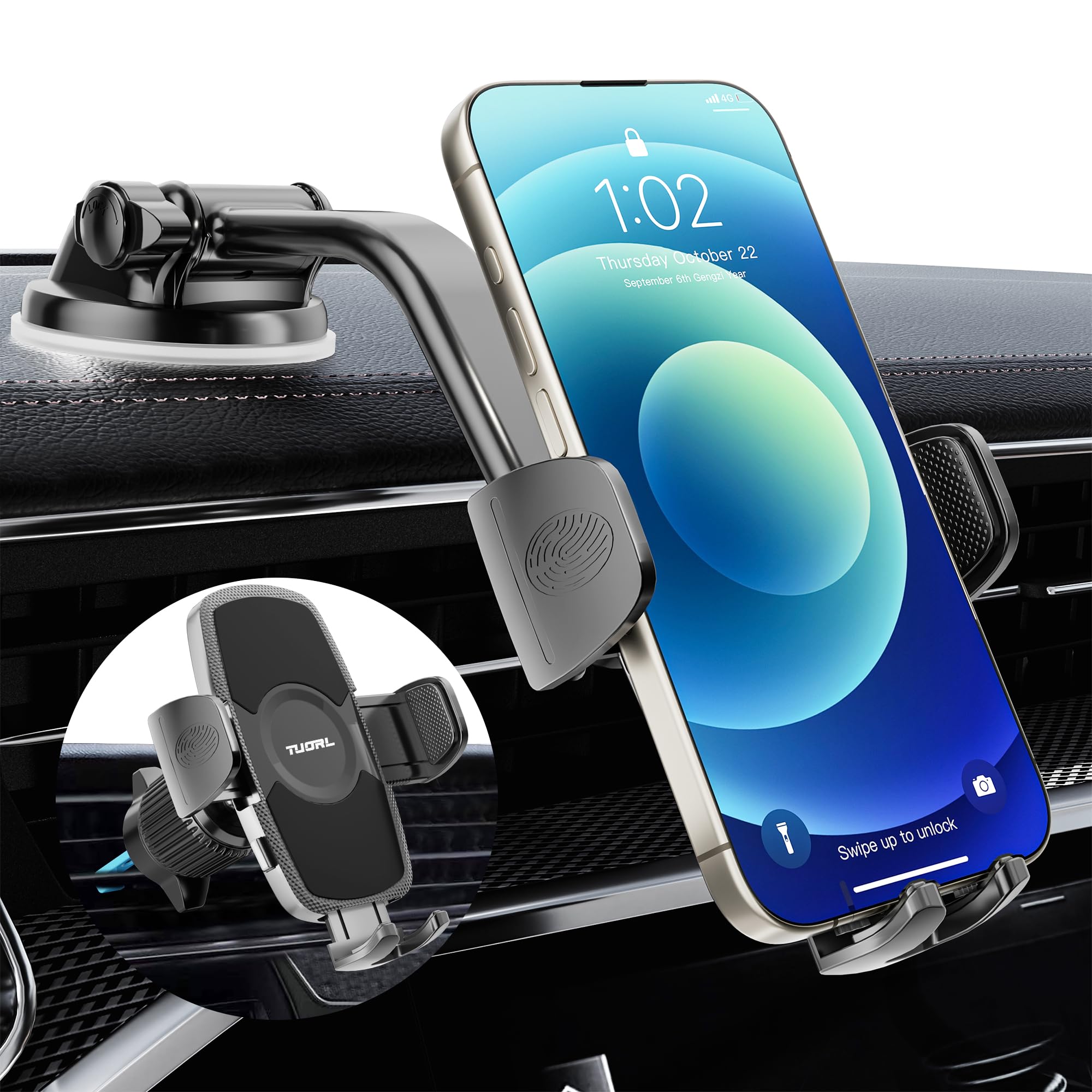 Tuorl Car Phone Holder, Universal Phone Mount For Car Dashboard&Windshield&Air Vent,Super Suction Dash Cellphone Car Mount Stand
