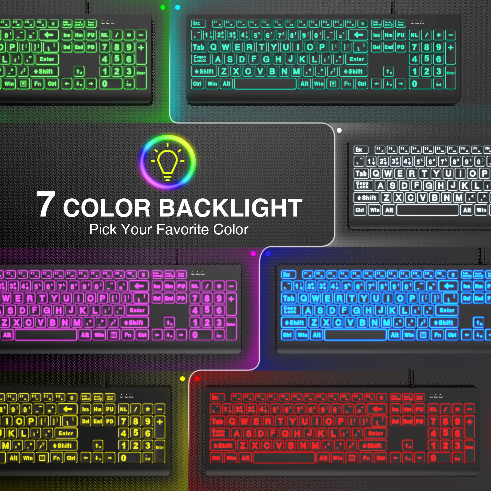 Sablute Large Print Backlit Keyboard, Wired Usb Lighted Computer Keyboards With 7 Color & 4 Modes Backlit, Oversize Letters Keys