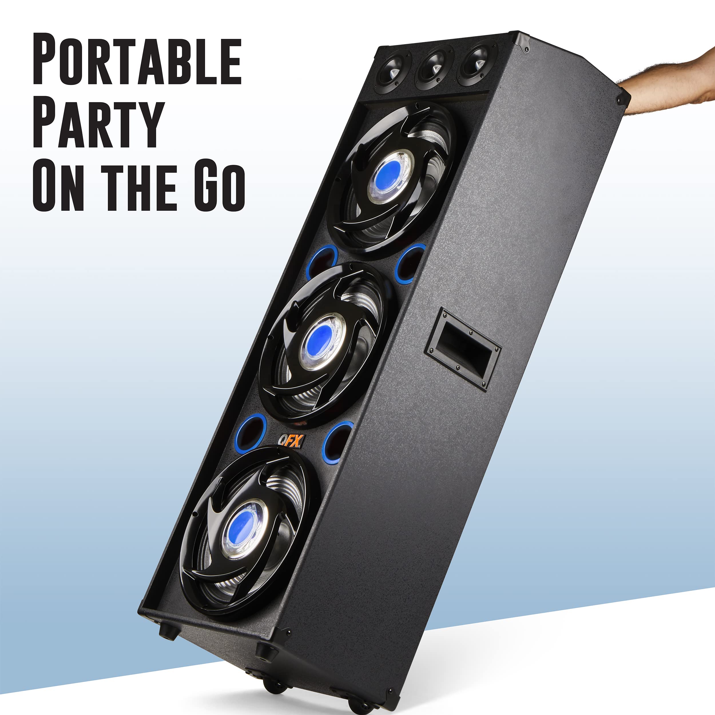 Qfx Sbx 412300Bt Tws Bluetooth Triple 12� Woofer Triple 1� Tweeter Recording High Performance Pa Cabinet Speaker With 10 Band Graphic Eq, 2 Microphone Inputs, Guitar Input, And Aux Input, Blue