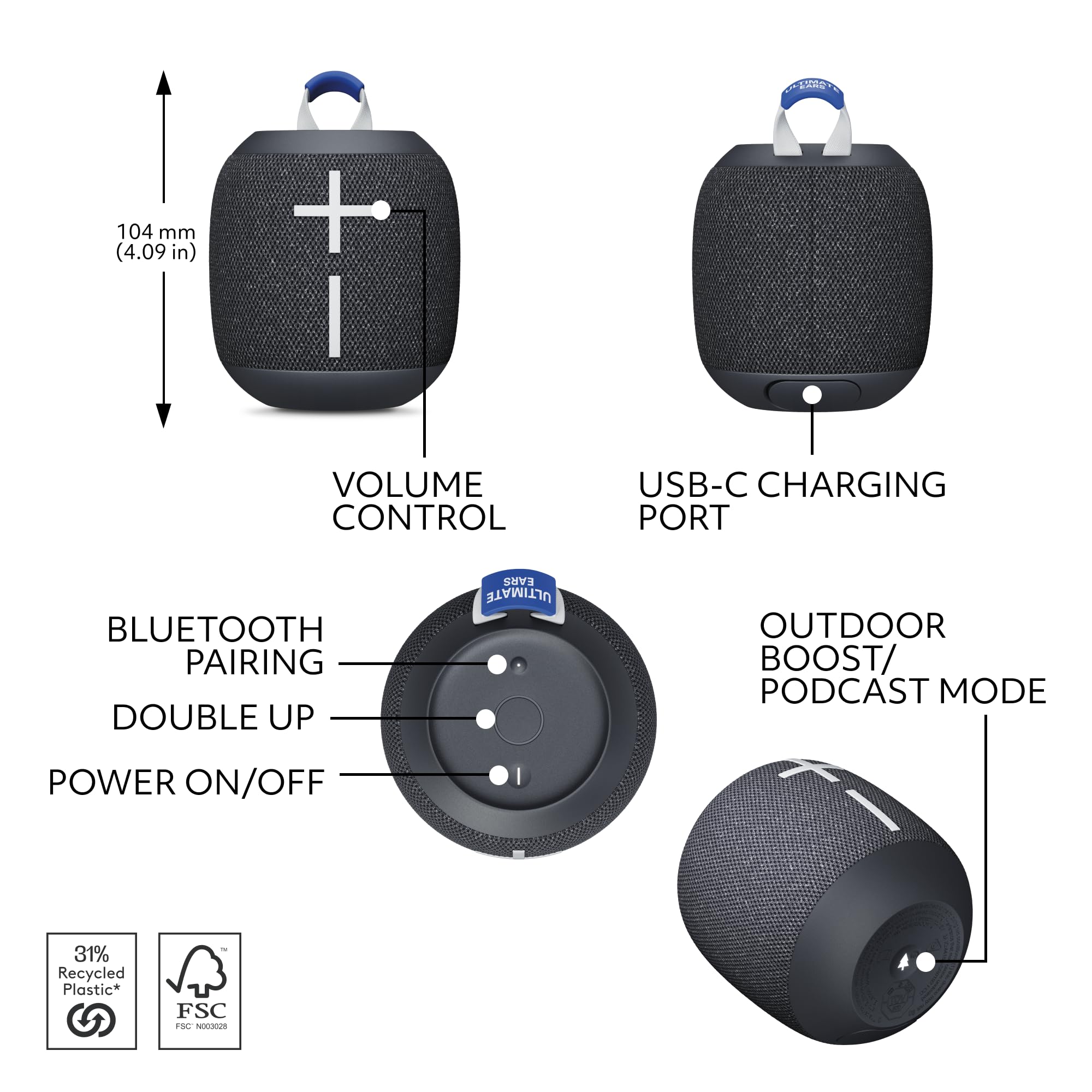 Ultimate Ears Wonderboom 4 Wireless Portable Waterproof Bluetooth Speaker, Active Black | Bigger, Bassy Er 360 Degree Sound, Out