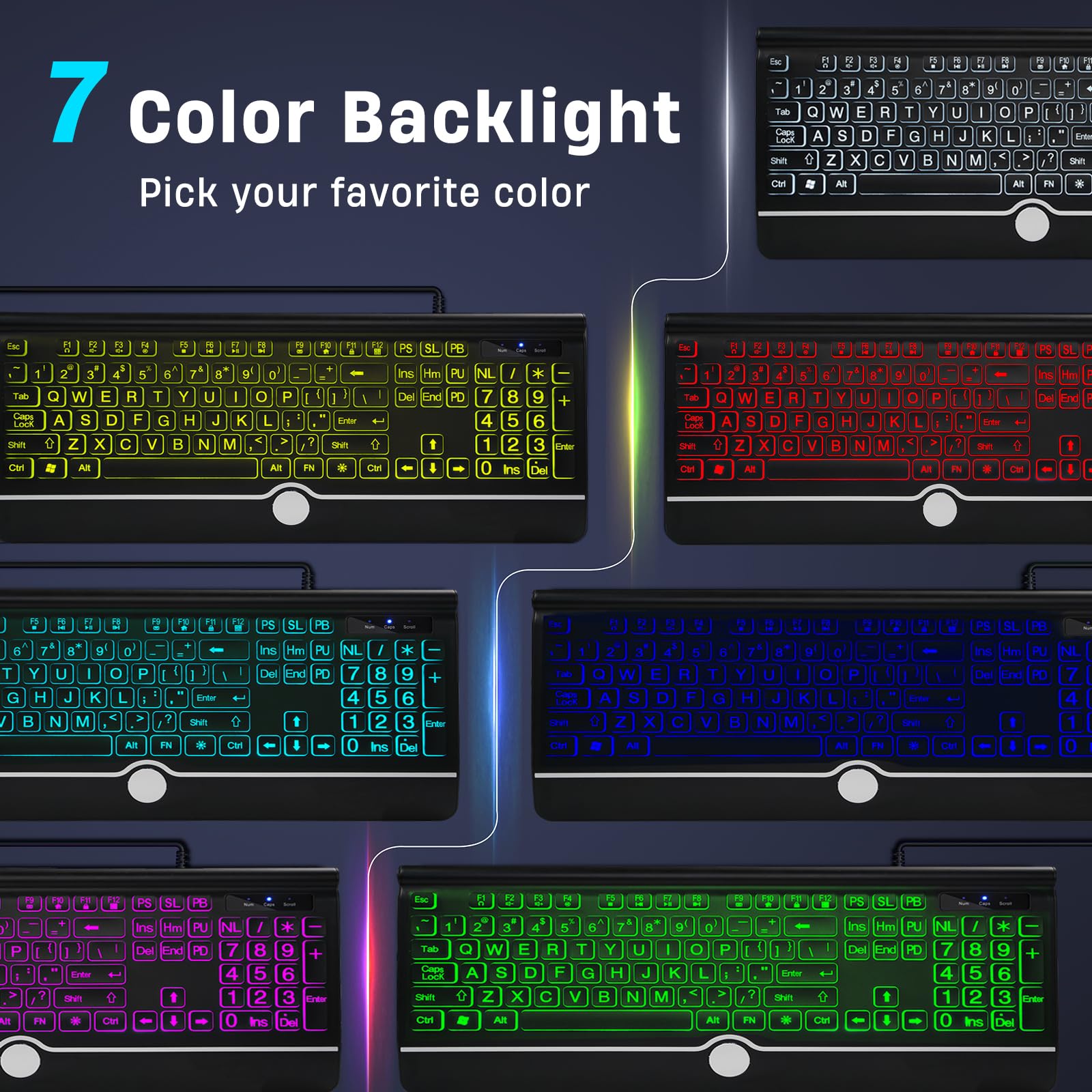 Large Print Backlit Computer Keyboard, 7 Color Backlit Keyboard With Wrist Rest, Usb Plug And Play, Oversize Letters Keys Easy T