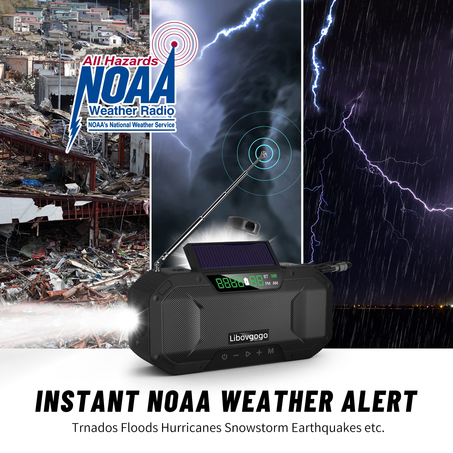 Emergency Radio Waterproof Bluetooth Speaker,Portable Digital Am Fm Radio With Flashlight,Reading Lamp,Hand Crank Noaa Weather Radio With Solar Panel,5000Mah Cell Phone Charger,Emergency Survival Kit