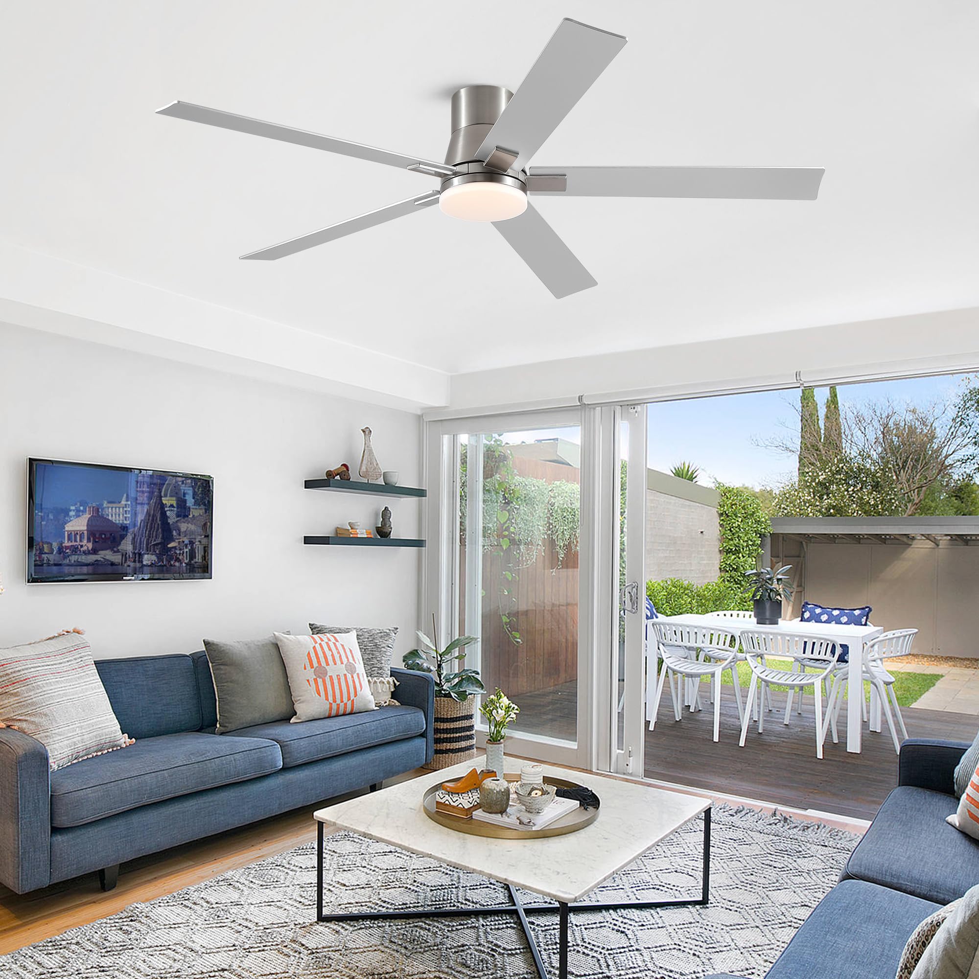 60 Inch Ceiling Fans With Lights And Remote,Flush Mount Silver Ceiling Fan With 5 Blades,6 Speed Reversible Dc Motor,3Cct Dimmab