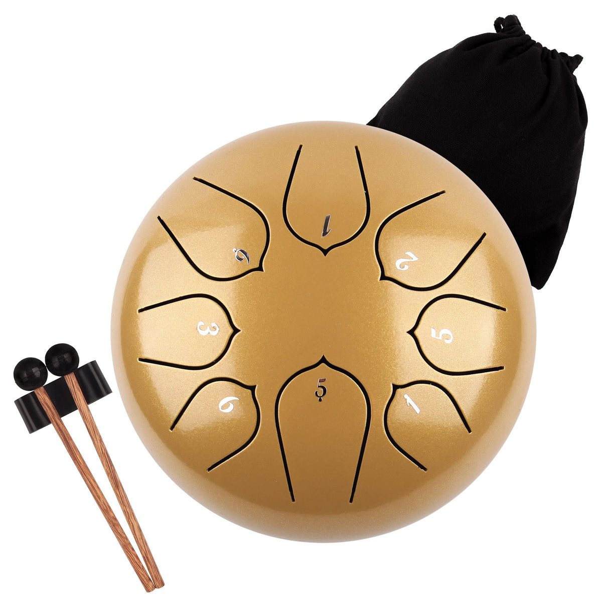Steel Tongue Drum - 8 Notes 6 inches - Percussion Instrument -Handpan Drum with Bag, Music Book, Mallets, Finger Picks gold