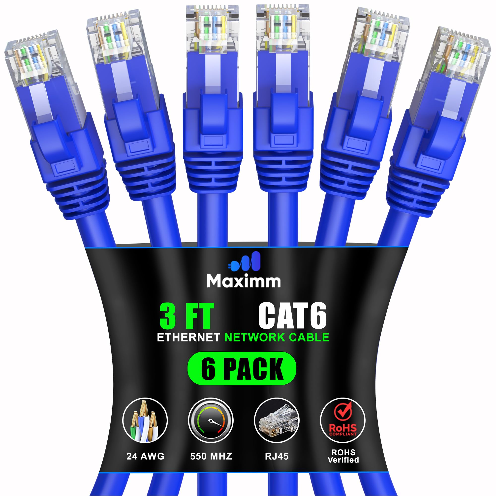 Maximm Cat 6 Ethernet Cable 3 Ft (6 Pack)   High Speed Lan Cable, Internet Cable, Patch Cable, And Network Cable   Utp, 10Gbps, 550Mhz Ethernet Cord   Blue