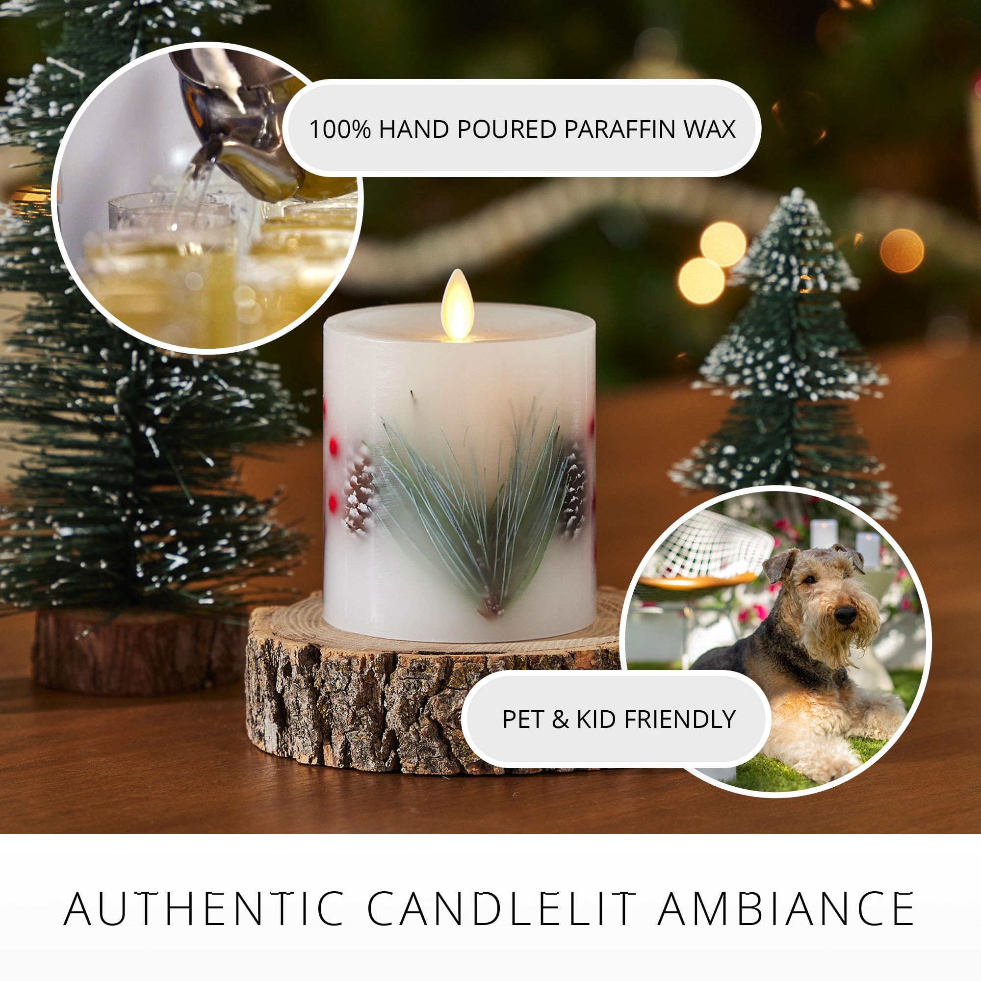 Luminara Embedded Flameless Led Candle, Pine Berries 3.5'' X 4.5'', Moving Flame Pillar, Battery Operated Timer, Real Wax, Unsce