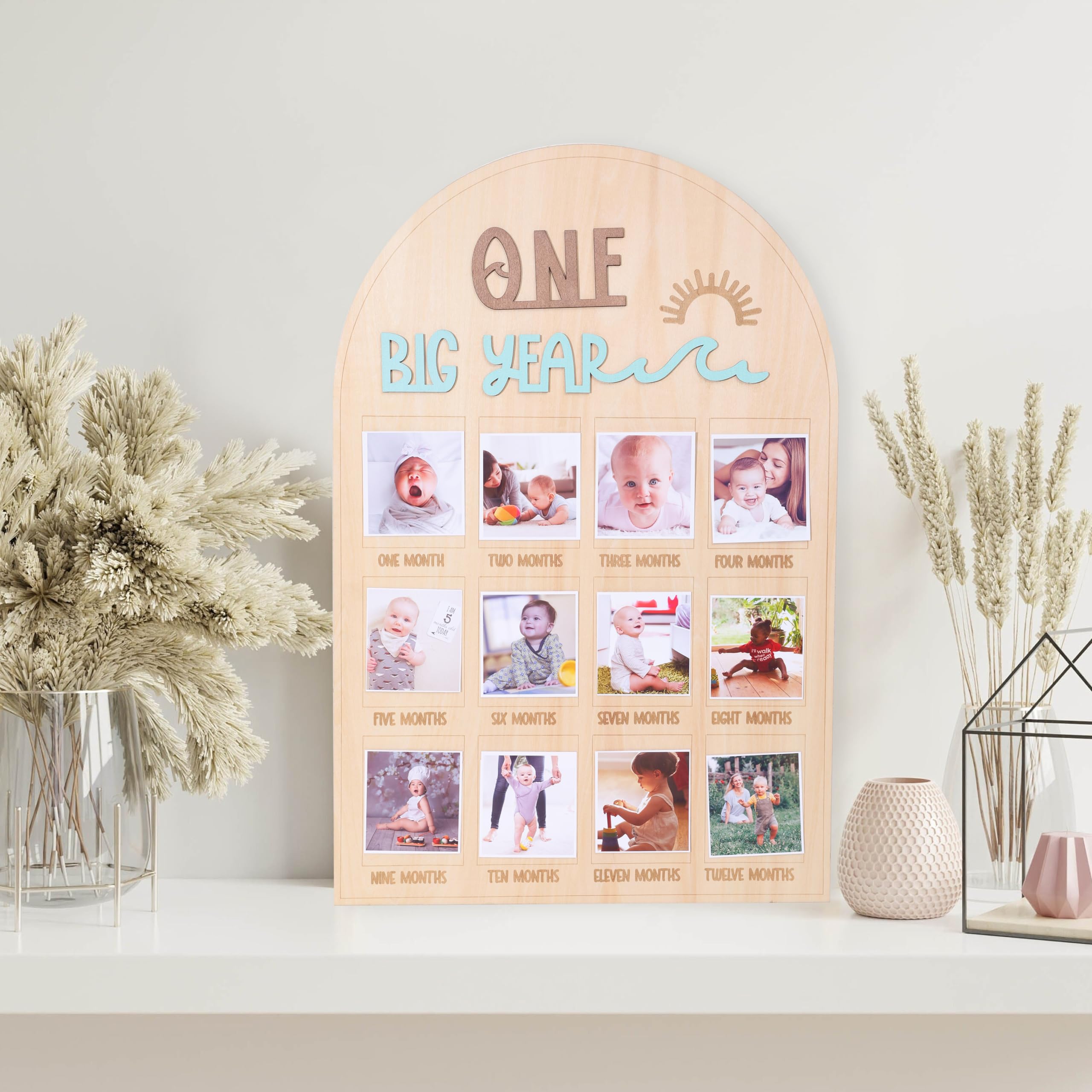 Agkvw The Big One Surf One Year Old Photo Board   My First Year Photo Display Wood Board, Wave Theme Monthly Milestone Photo Boa