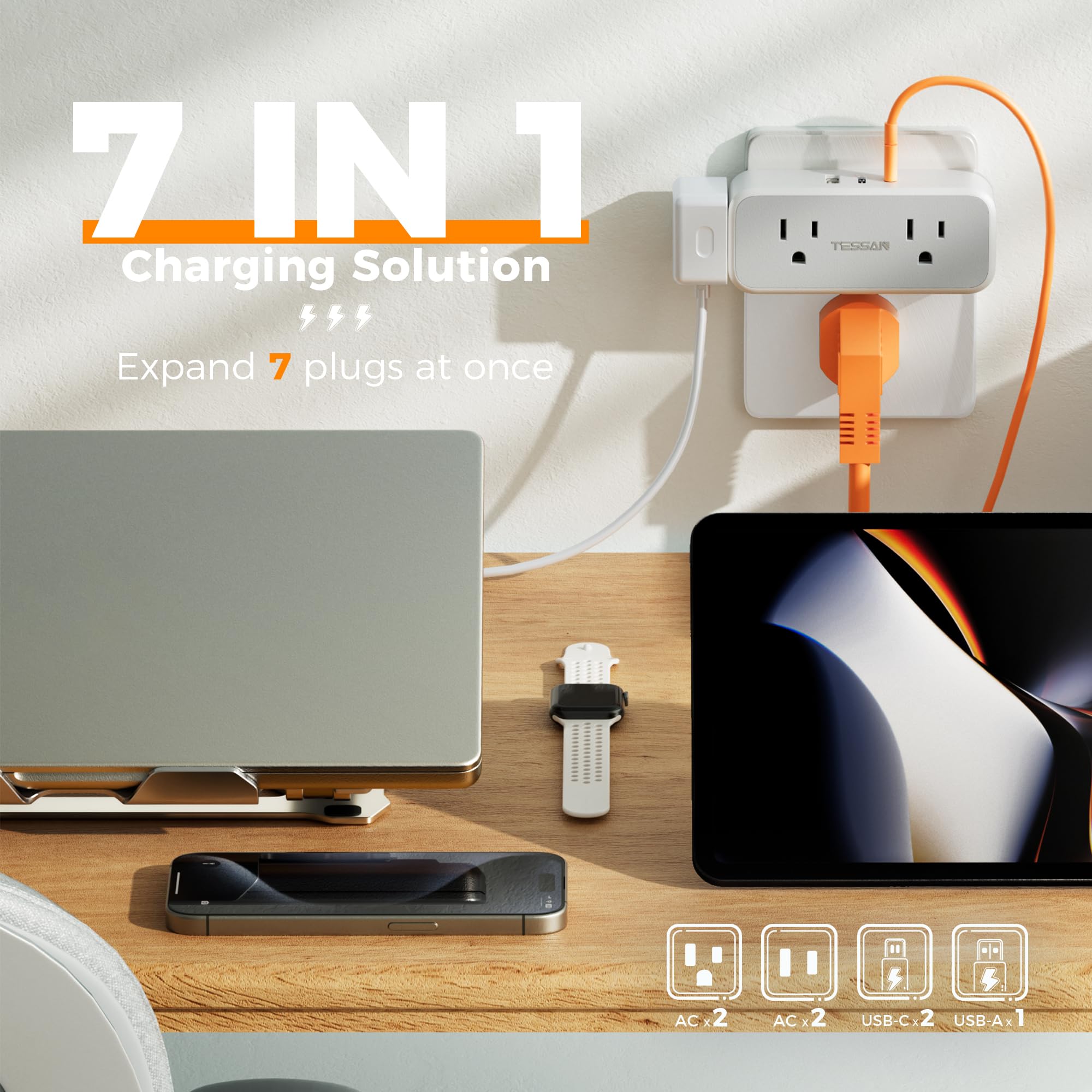 Surge Protector Outlet Extender, Tessan Multi Plug Splitter With 4 Electrical Outlets 3 Usb Blocks(2 Usb C), Flat Multiple Wall