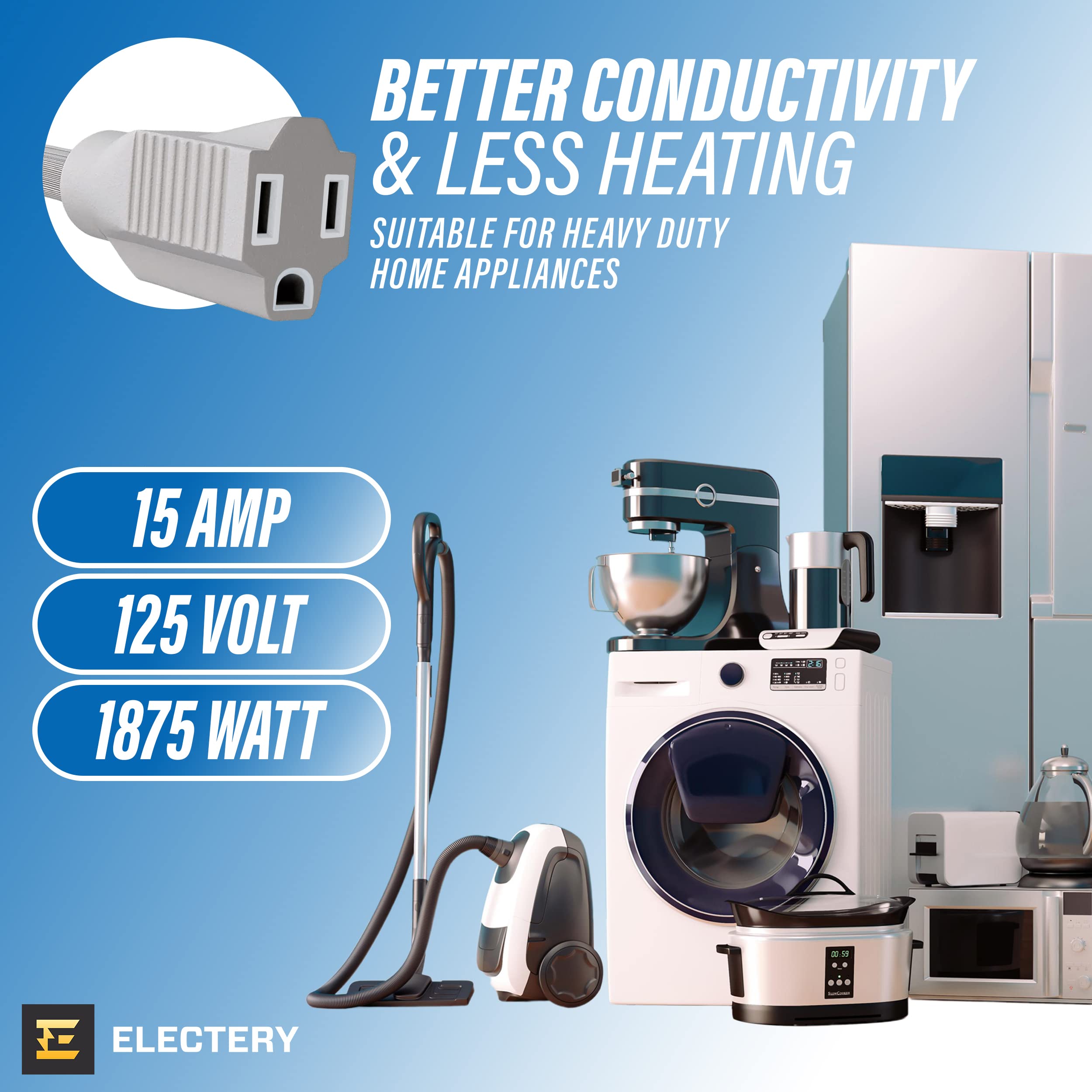 Electery Heavy Duty Appliance Extension Cord, 14 Awg   3 Prong Grounded Flat Plug, Gray Power Wire For Indoor Air Conditioner An