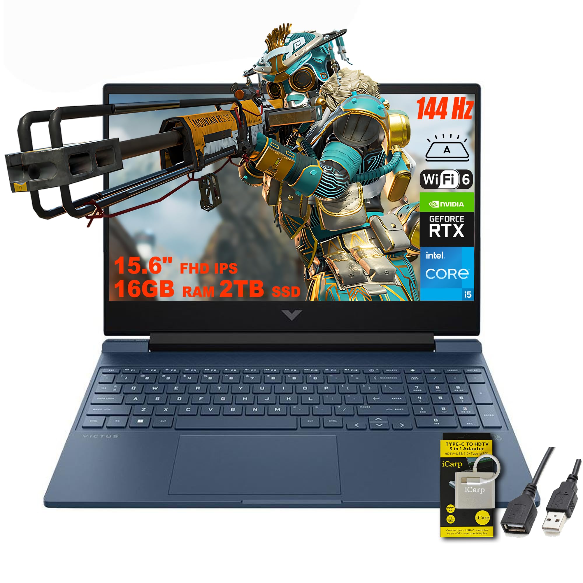 HP Victus 15.6 FHD 144Hz IPS Gaming Laptop, Intel 12th Gen Core i5-12450H, GeForce RTX3050, 16GB RAM, 2TB SSD, Backlit Keyboard,