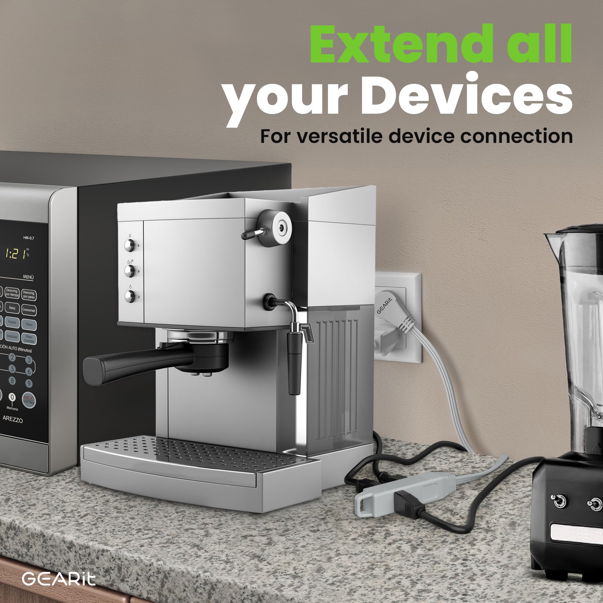 Gearit 360 Rotating Flat Plug Extension Cord With 3 Outlets (10Ft, Gray) 16Awg/13A 3 Prong Wire, Outlet Saver For Home Office Do