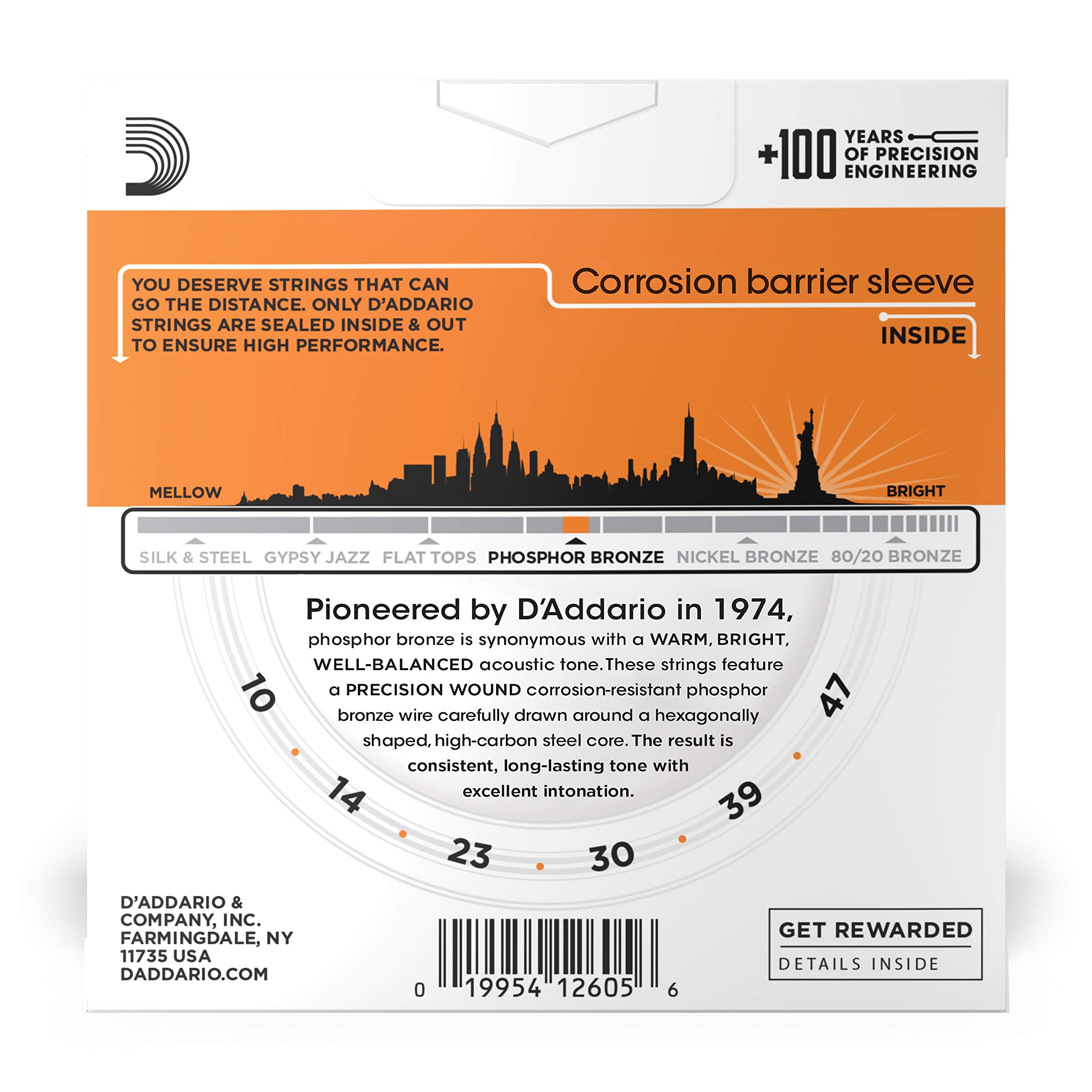 D'Addario Guitar Strings   Phosphor Bronze Acoustic Guitar Strings   Ej15 3D   Rich, Full Tonal Spectrum   For 6 String Guitars   10 47 Extra Light, 3 Pack