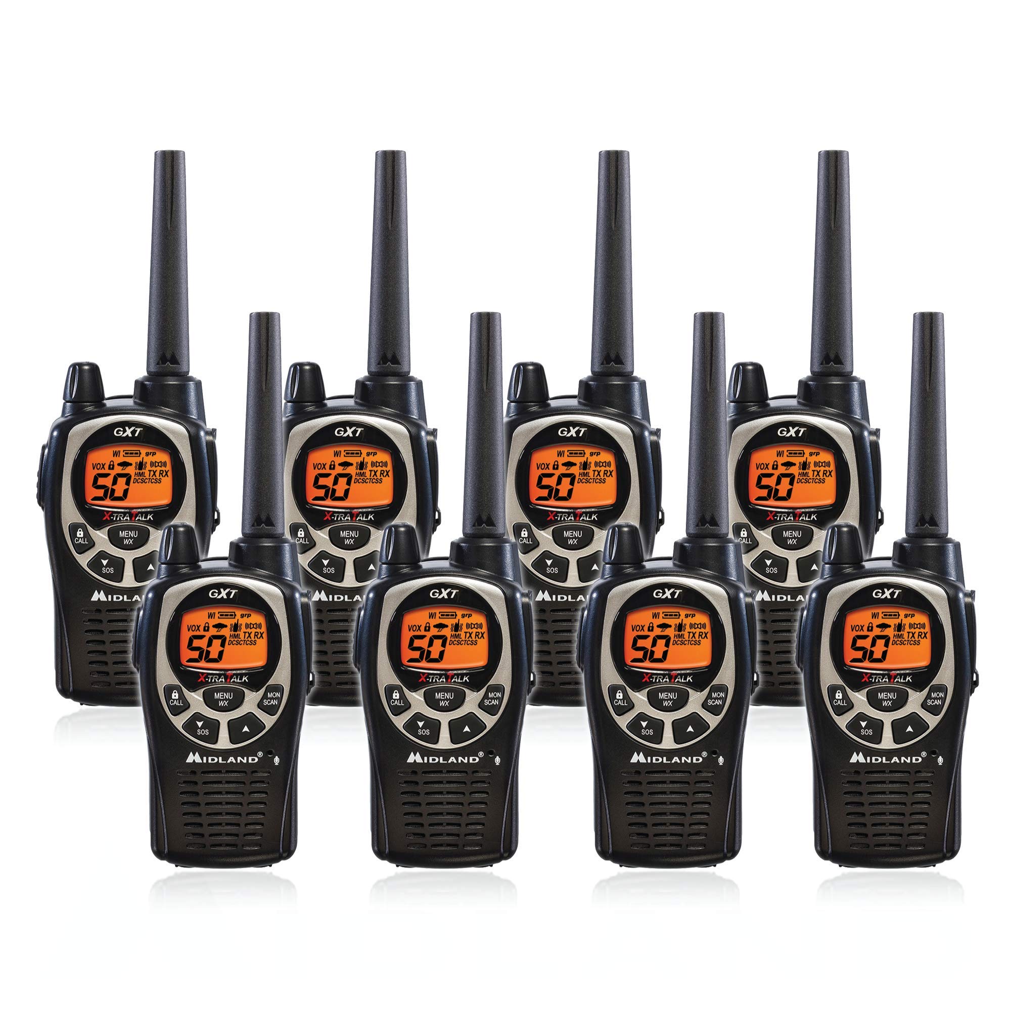 Midland Gxt1000Vp4 50 Channel Gmrs Two Way Radio   Up To 36 Mile Range Walkie Talkie   Black/Silver (Pack Of 8)